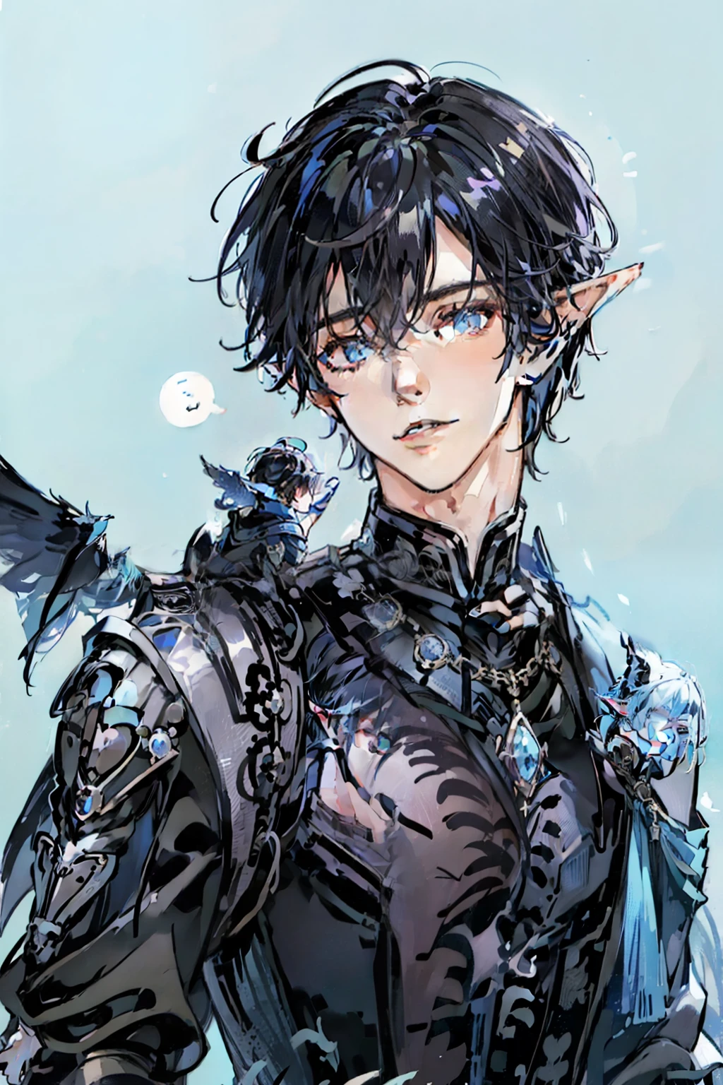 (((Male)))(elf)(small hair)black air, happy face, masculines face,blue and black clothes, detailed casual clothes,just one shoulder appeared, simple background.