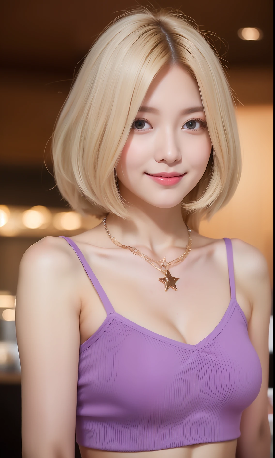 realistic photos of (1 cute Korean star) blonde Shoulder-length hair, thin makeup, 32 inch breasts size, slightly smile, wearing purple crop top, necklace, close-up, in the coffee shop, foreshortening, depth of field, blending, UHD,