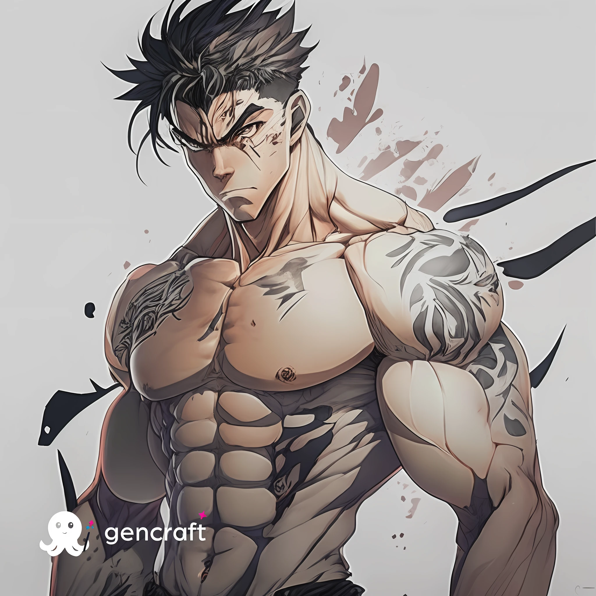 personagem de anime com tatuagens e uma tatuagem em seu peito, muscular character, cara bonito na arte demon slayer, Deviantart ArtStation cgscosiety, personagem de anime masculino, arte detalhada do personagem de anime, Deviantart ArtStation, Artgerm e Genzoman, arte anime de alta qualidade, super buff e cool, kentaro miura manga art style, muscular male hero