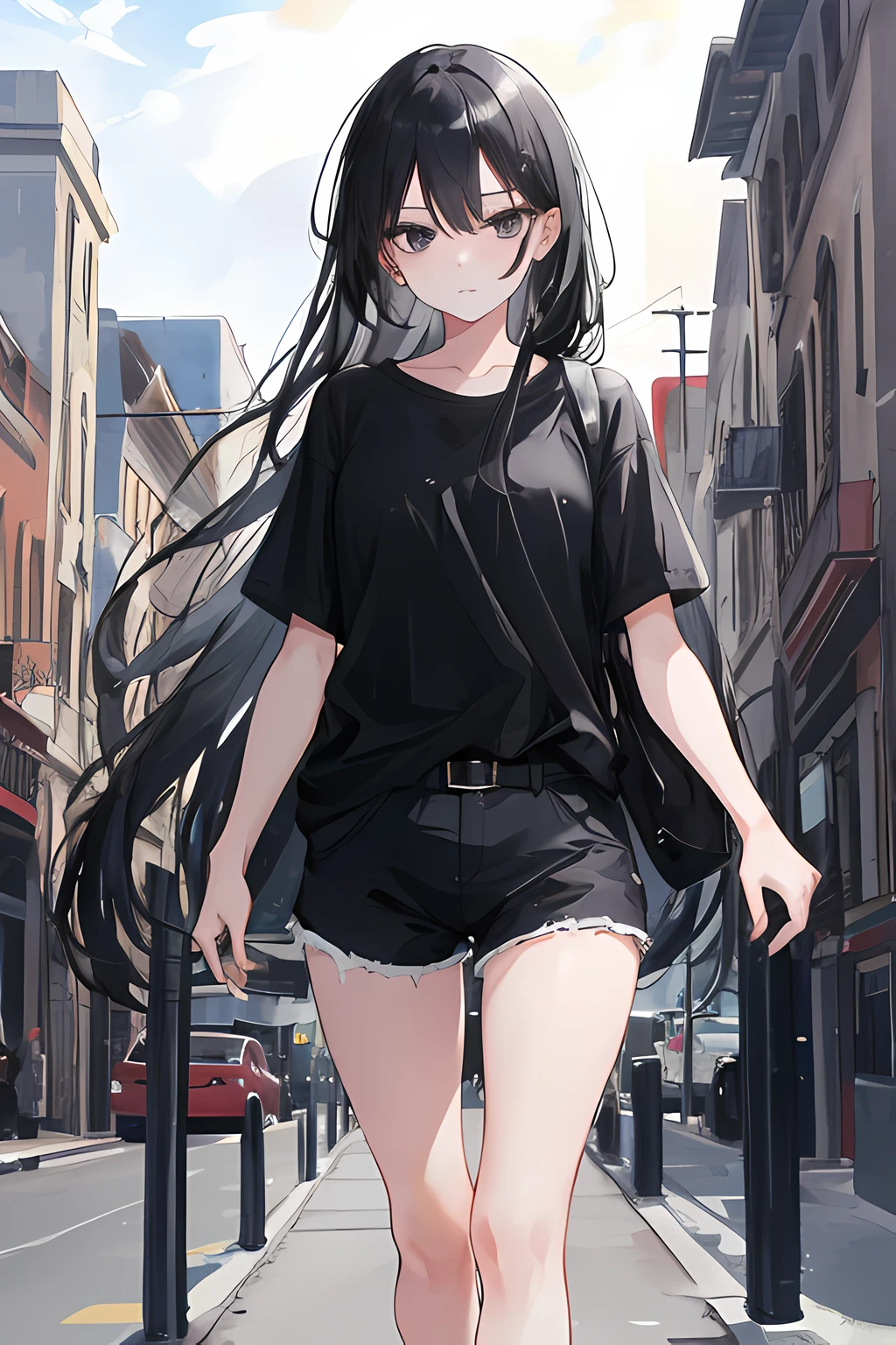 1girl, long black hair, black eyes, wearing black shirt, black shorts, city, absurdres, high res, ultrasharp, 8K, masterpiece, looking at viewer