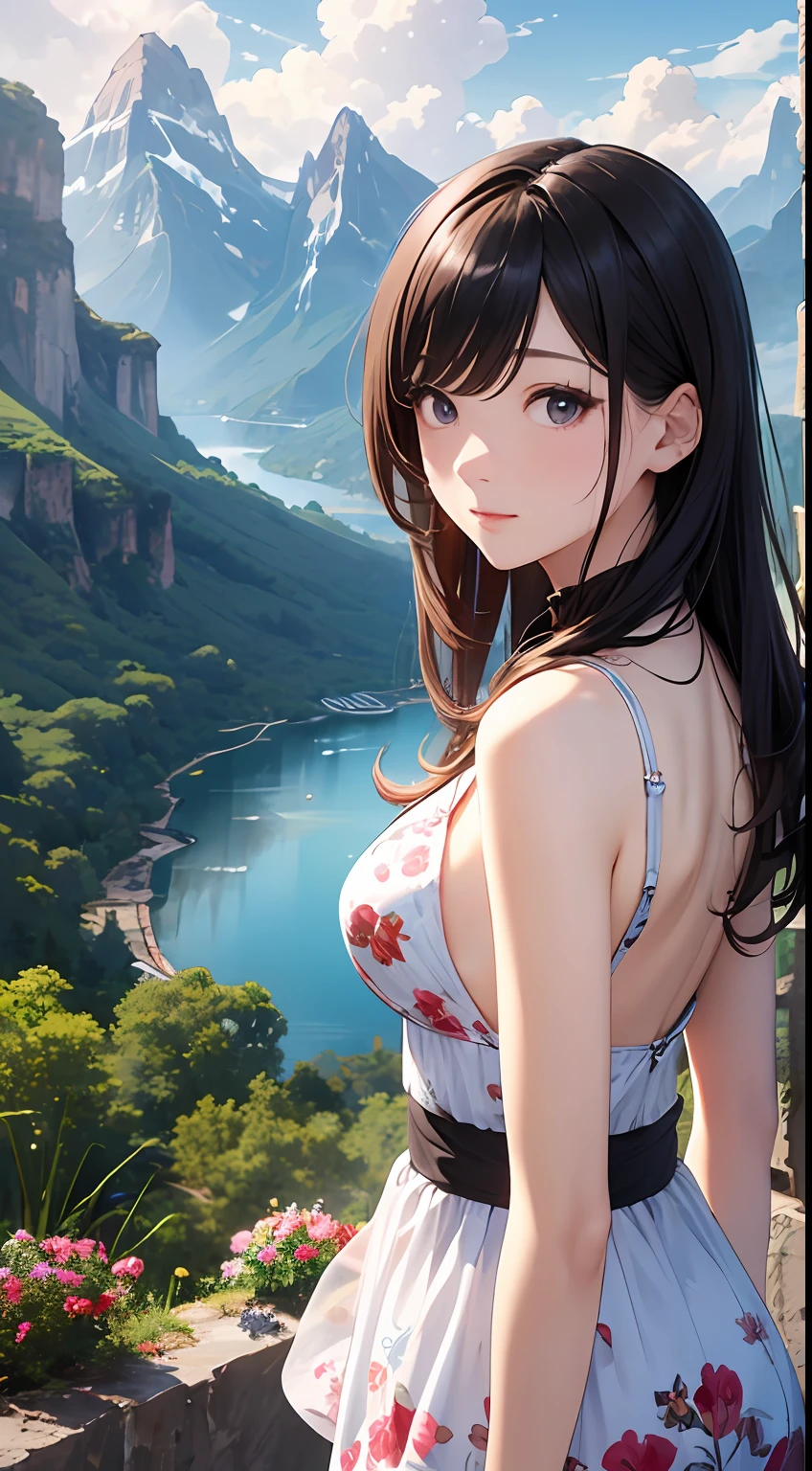 （Close-up of the painting style，8k ultra high definition，Masterpiece grade vista CG wallpaper），Beautiful skyline，Magnificent sky，美丽细致的眼睛，cute girly，Perfect slim body，shift dresses，Pure eyes，The skin is smooth like a baby，Stand on a high waterfall overlooking the earth，Skysky，lakes，Colorful flowers and plants。
