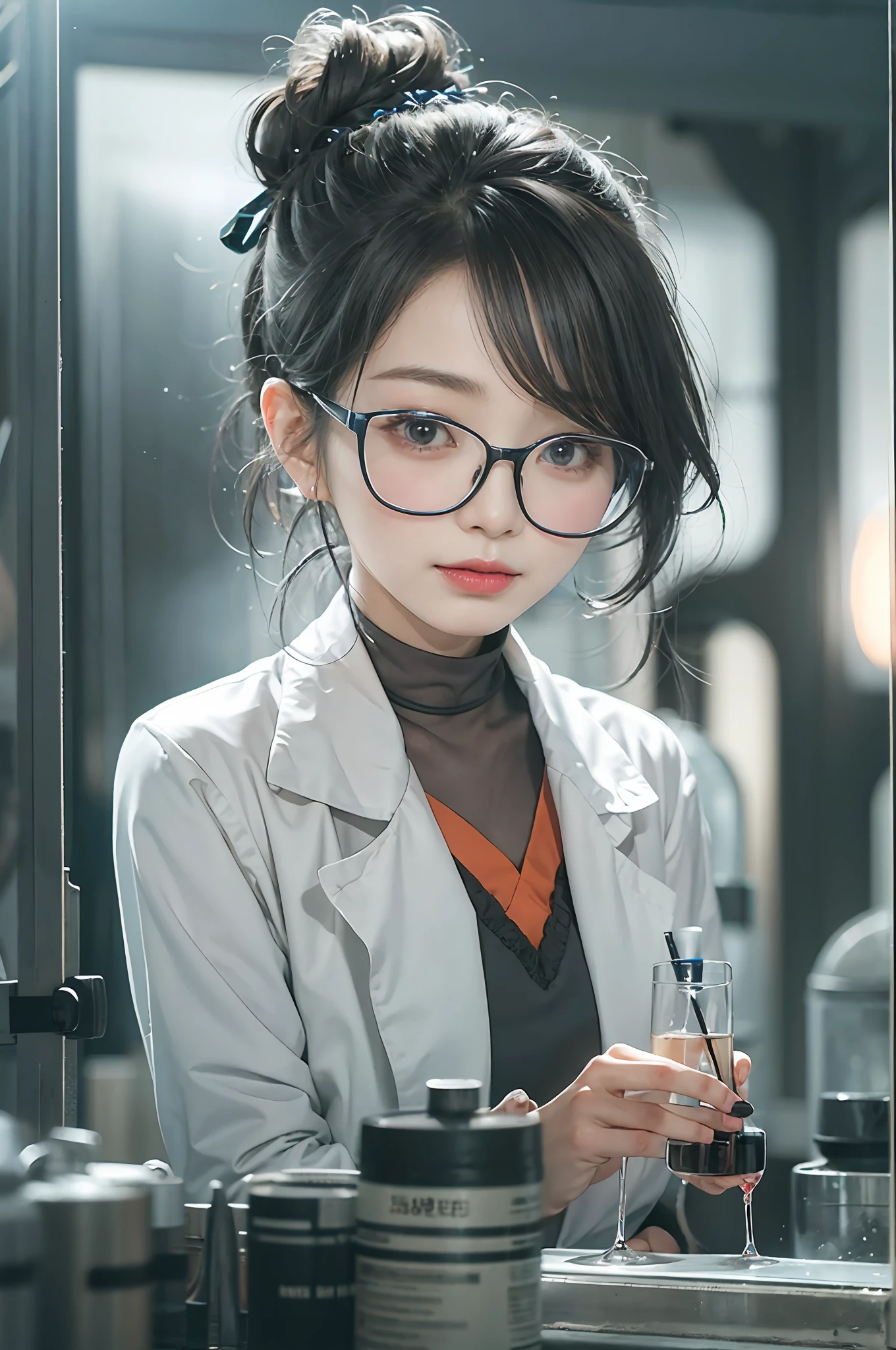 Chinese woman with intelligent and intelligent face、researcher、physicist、Cosmologist、She has black hair tied up in a bun、Beautiful lab coat、scientist、Wearing thin glasses、very beautiful face、face perfect、Detailed details