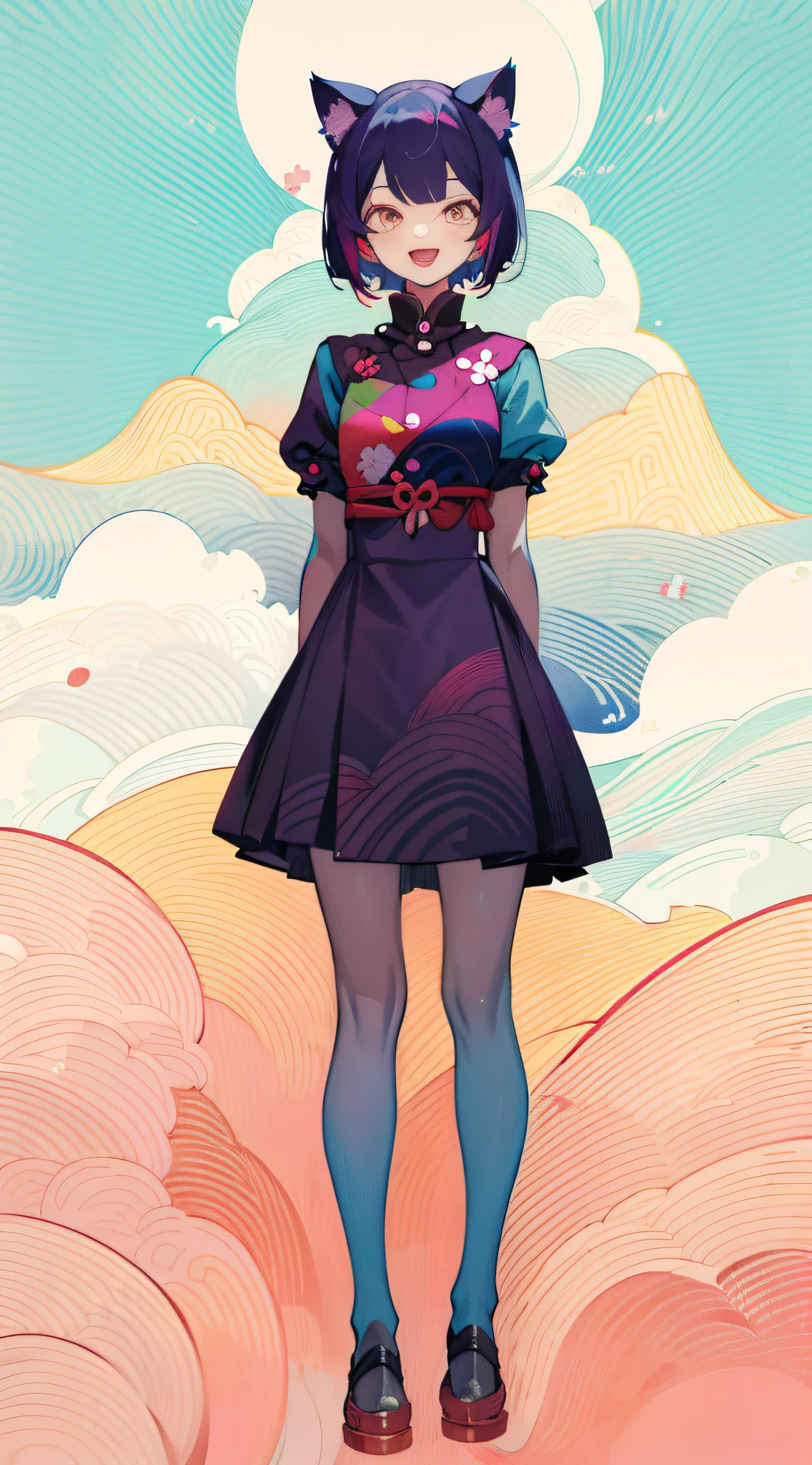 full body, upright, arms at sides, looking at viewer, pure-colored background, 1girl, open mouth, cat ears, smile, in the combination of "Kaleidoscopic", "ukiyo-e", "Kaleidoscopic", and "Hokusai Wave"  style
