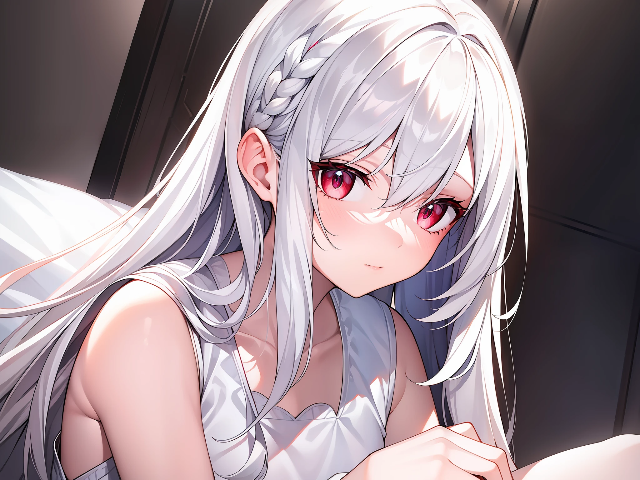 ((Masterpiece, Best quality))++, Detailed light+, Detail hair+, detail hand+ ,1girll, woman, Long hair, dark red eye, Beautiful eyes, Young gray hair,,(Beautiful white hair:1.5),(Beautiful detailed eyes), , high resolution+, Masterpiece, , Glass tones, Reflective eyes, {{Angle}} , extremelydetailedwallpaper, Original,full bodyesbian,Bedrooms,upper legs, Beth,starrysky,Issuing