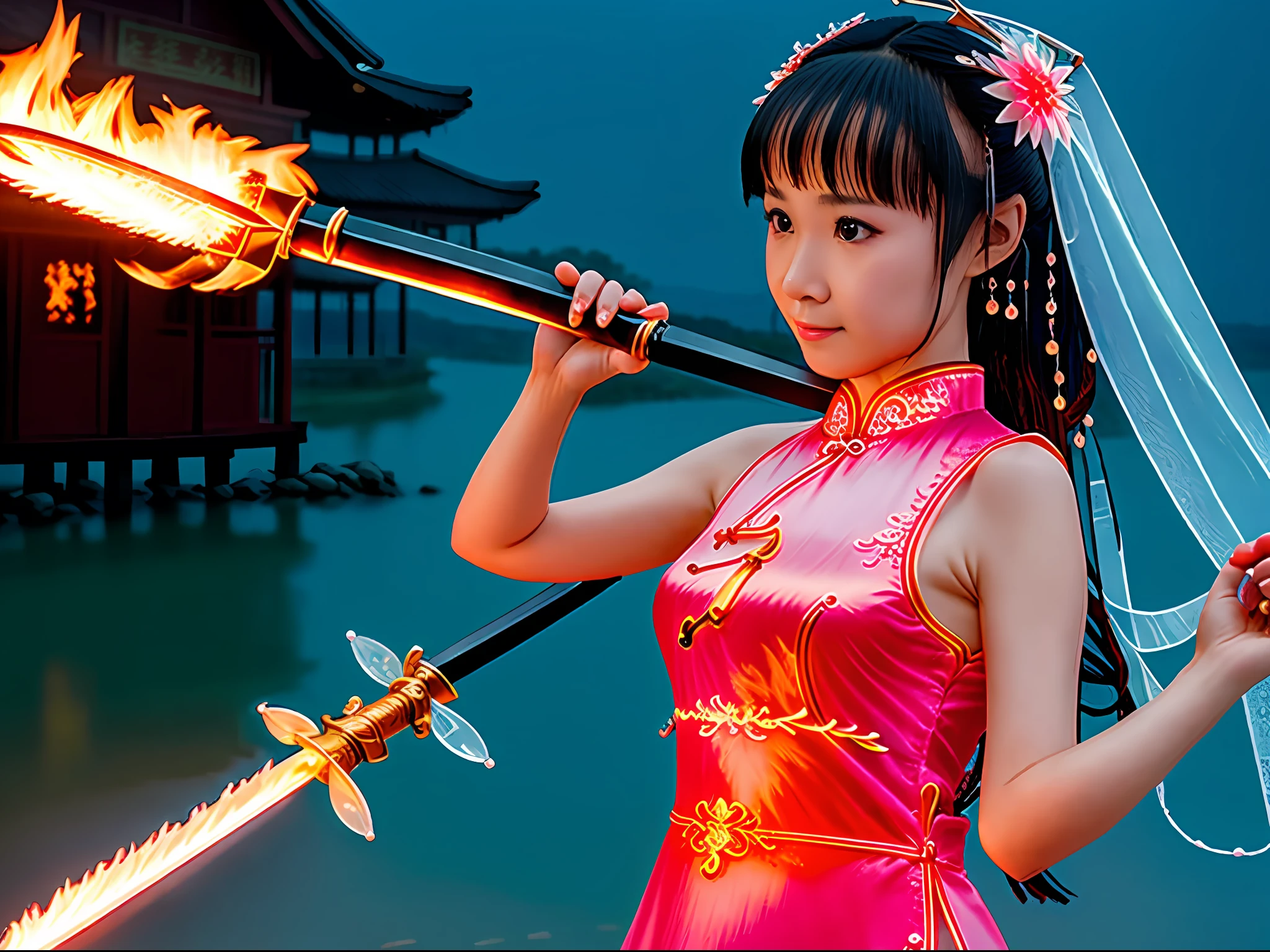 beachside,The cheongsam girl wielded a flame crystal sword,Special effects sword,On a rainy night,Close-up of water drops