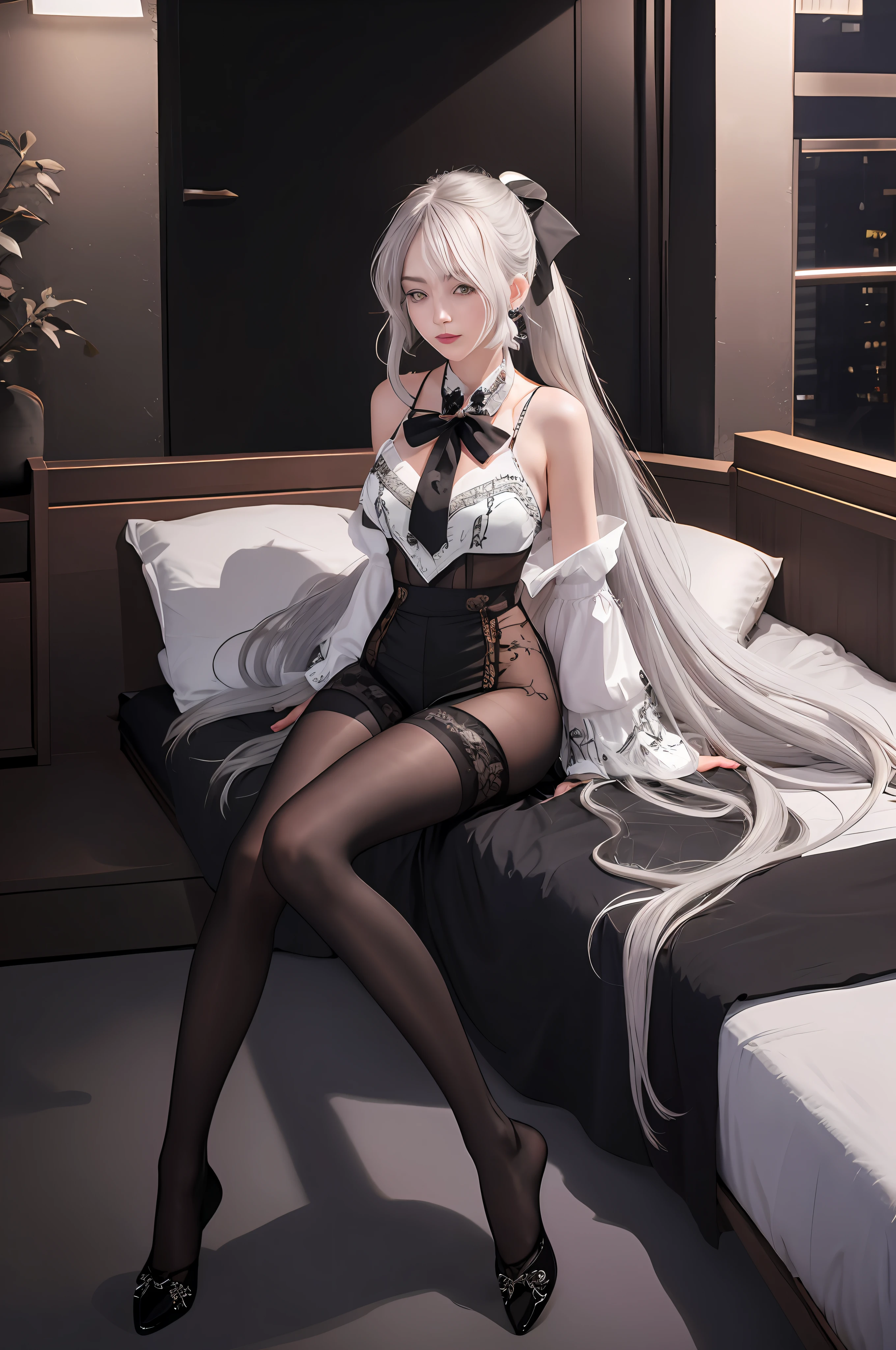 Masterpiece, real portrait, (((1 girl)), ray tracing, (dim lighting), [detailed background (bedroom)), ((silver hair)), ((silver hair)), (fluffy silver hair, plump and slim girl)) with high ponytail))) avoiding golden eyes in the ominous bedroom (((girl wearing intricately embroidered black high-waisted pants with pantyhose) and white ruffled bow gloves), showing a delicate slim figure and graceful curves, Correct limbs, sit on the bed