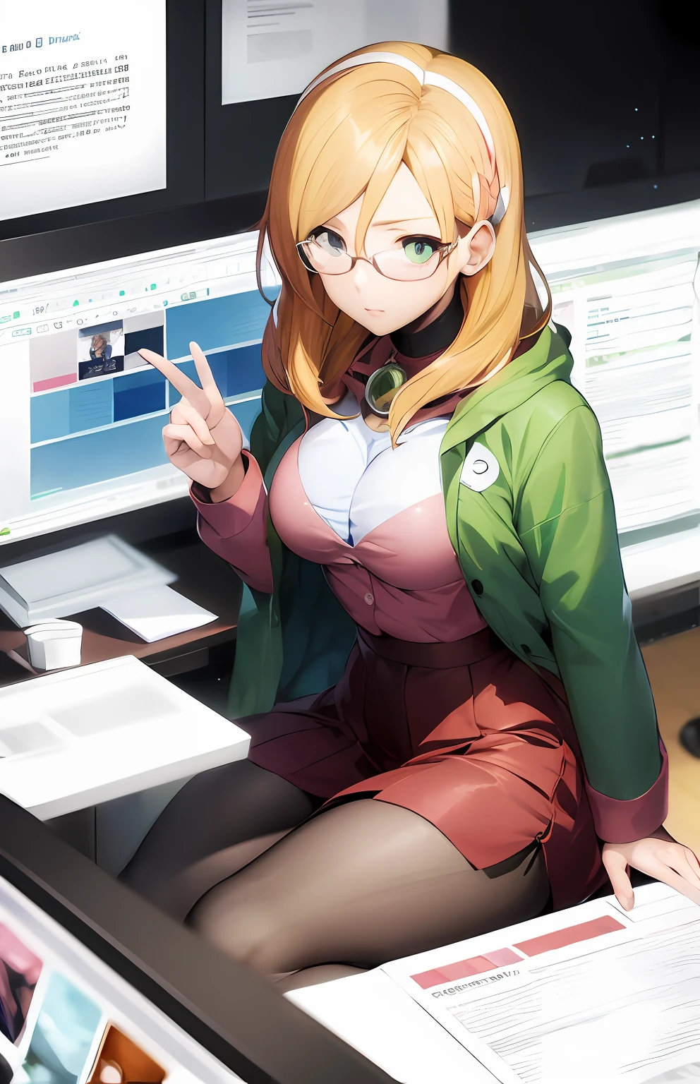 Anime girl with glasses and a green jacket and a tanned skirt, bonita do anime high school, Menina com cabelo longo, anime moe artstyle, Marin Kitagawa Fanart, arte oficial do personagem, Arte Digital por Danganronpa, arte anime de alta qualidade, arte detalhada do personagem de anime, Arte Digital Anime!!, Digital anime illustration, anime full body illustration