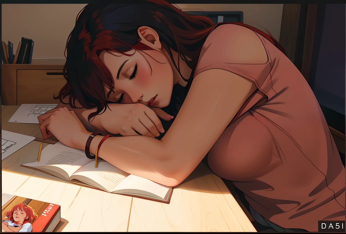 A 35-year-old red-haired woman sleeping on the dark wooden desk in the office