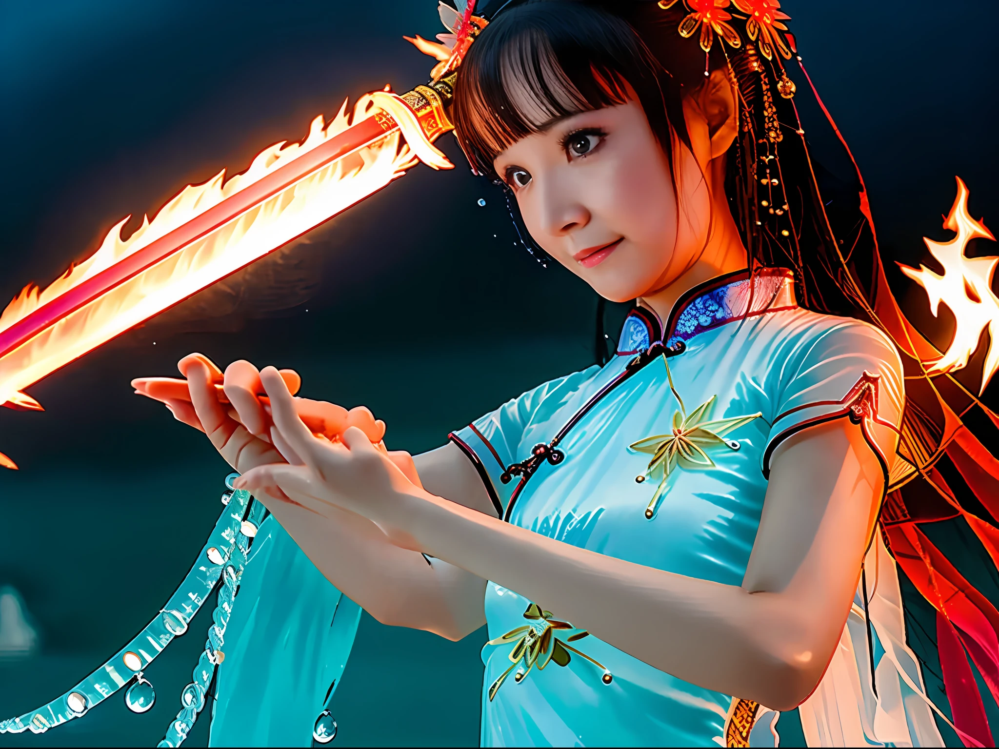 beachside,The cheongsam girl wielded a flame crystal sword,Special effects sword,On a rainy night,Close-up of water drops