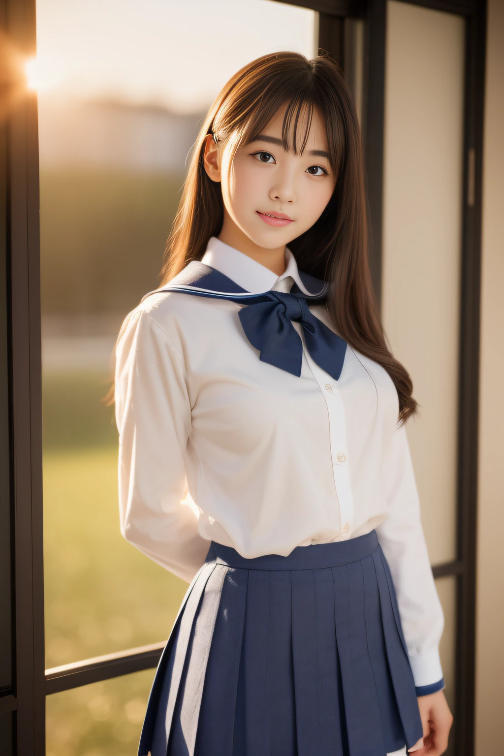 (masterpiece、high-level image quality、hightquality)、(Japan schoolgirl、Dainty and innocent、Mature face、a beauty girl)、(Perfect and complete anatomy、Full and beautiful limbs、Perfect physiology)、(((Japanese girls' high school uniform)))、bob、dark grey HAIR、Clear eyes、Gentle、unclear、Healthy and nice buddy、huge tit、beautiful foot、Classroom、Sunset small burn、Sunset from the window、Take an attractive pose、Teasing cuteness、「Come over here」The girl says、