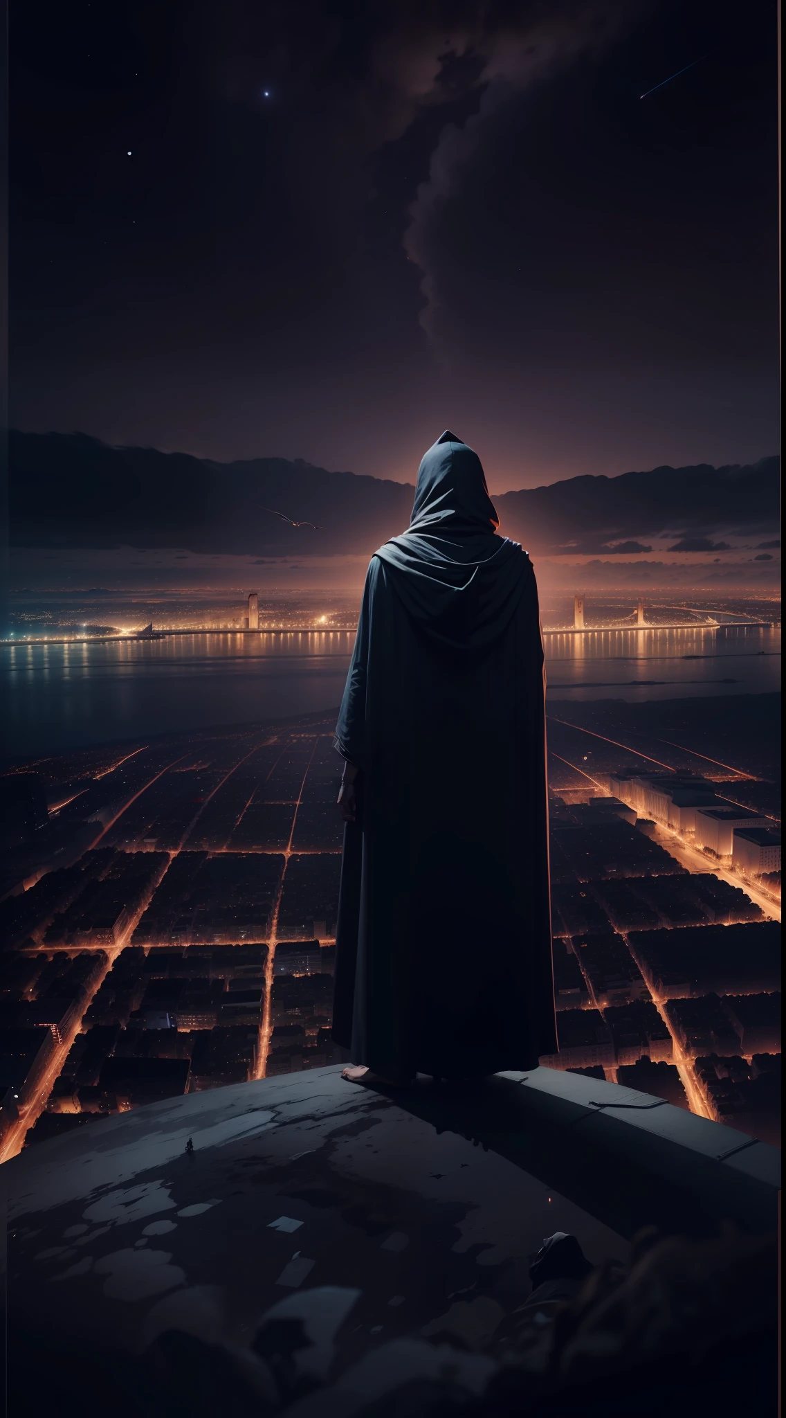 silhueta preto, villain pose, a man on his back in a hooded robe flying over the city at night, noite
