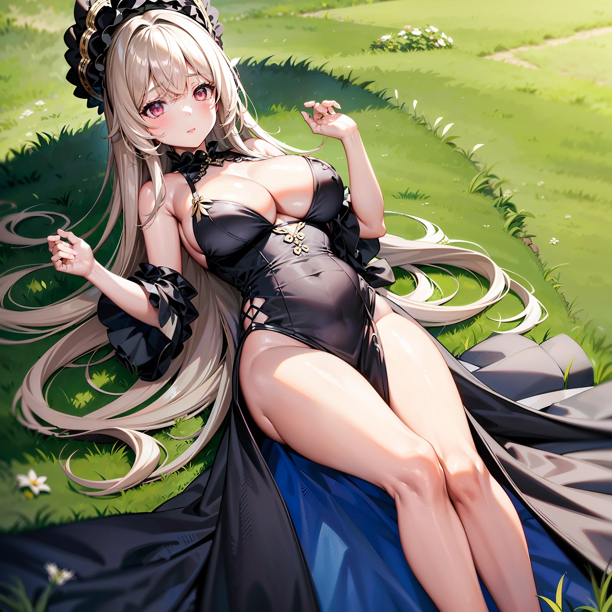 1girll，独奏，on the garden，lying on the grass ground，cabelos preto e longos，feathered headdress，Black dress，black lence stockings，Lori huge breasts cleavage，Full thighs，Childlike big breasts，Pink eyes，A coquettish expression，Bare feet，Full body photo