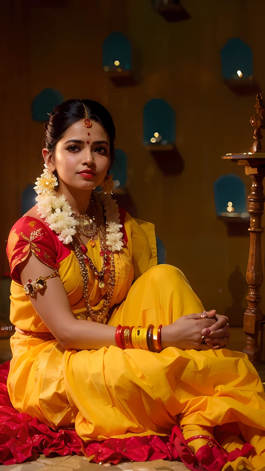 a woman is posing for a photo,(wearing indian_dance_dress:1.3), red dress, 
good hand,4k, high-res, masterpiece, best quality, head:1.3,((Hasselblad photography)), finely detailed skin, sharp focus, (cinematic lighting), collarbone, night, soft lighting, dynamic angle, [:(detailed face:1.2):0.2],(((exhibition inside theater))),