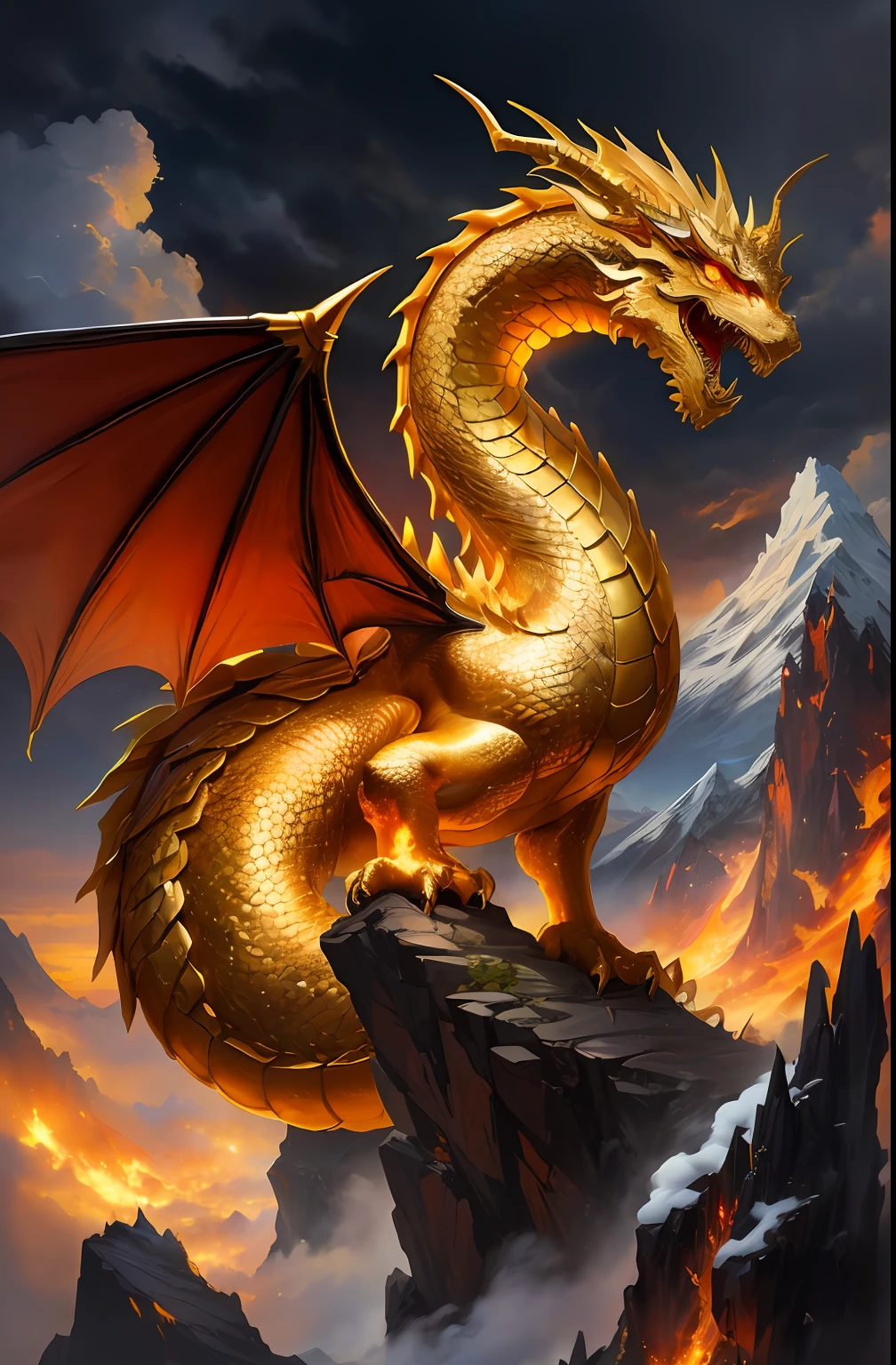 Close-up of a golden dragon on a cloudy mountain, golden dragon, colossal dragon as background, Oil painting of a dragon, chinese dragon concept art, smooth chinese dragon, legendary dragon, Chinese dragon, epic dragon, Majestic Japanese Dragon, dragon art, ''dragon breathing fire, loongs, Phoenix Dragon, a dragon, fire flaming dragon serpent, dragon breathing fire, fire dragon