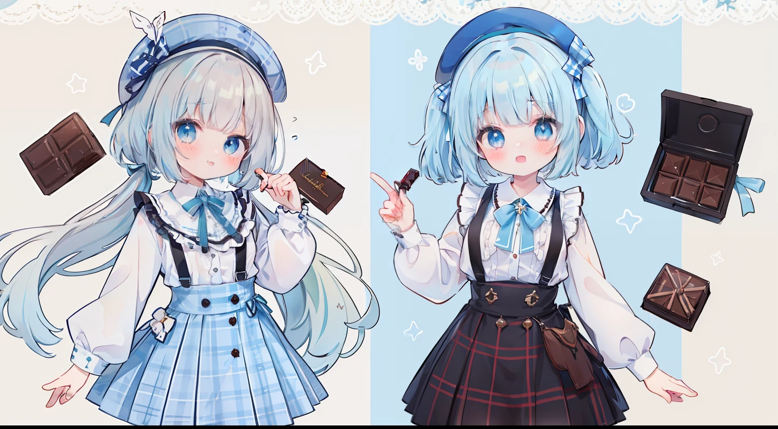 lightblue hair、Medium hair、Brown Beret、Plaid Suspender Skirt、Chocolate Mint、light blue  eyes、Light blue shirt、Brown Ribbon、cute little、​masterpiece、top-quality、Top image quality