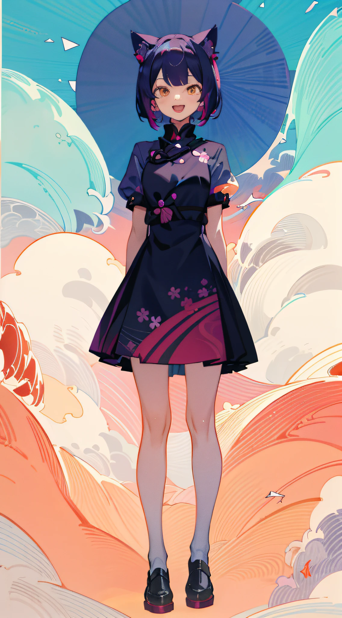 full body, upright, arms at sides, looking at viewer, pure-colored background, 1girl, open mouth, cat ears, smile, in the combination of "Kaleidoscopic", "ukiyo-3", and "Hokusai Wave"  style
