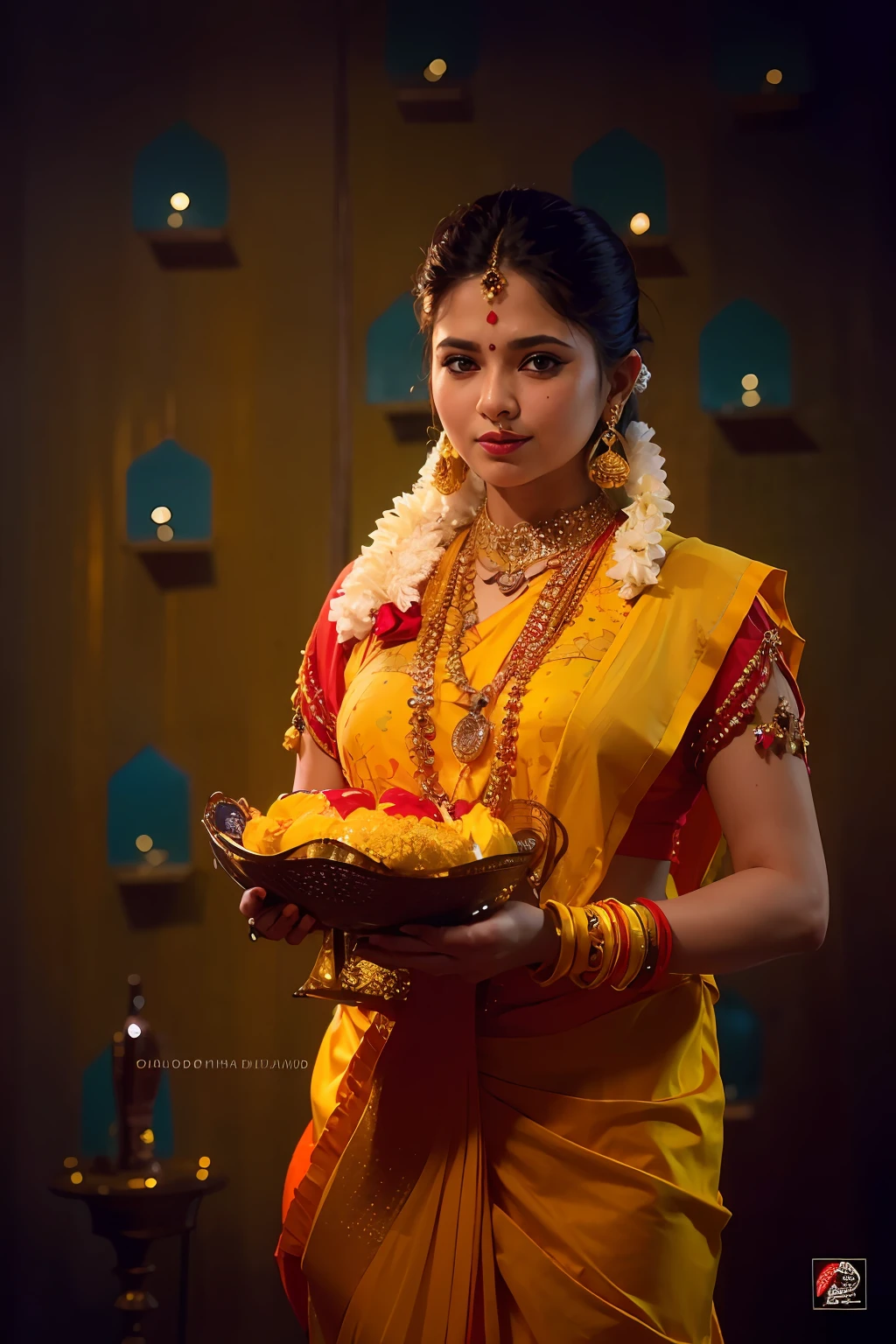 a woman is posing for a photo,(wearing indian_dance_dress:1.3), red dress, 
good hand,4k, high-res, masterpiece, best quality, head:1.3,((Hasselblad photography)), finely detailed skin, sharp focus, (cinematic lighting), collarbone, night, soft lighting, dynamic angle, [:(detailed face:1.2):0.2],(((exhibition inside theater))),