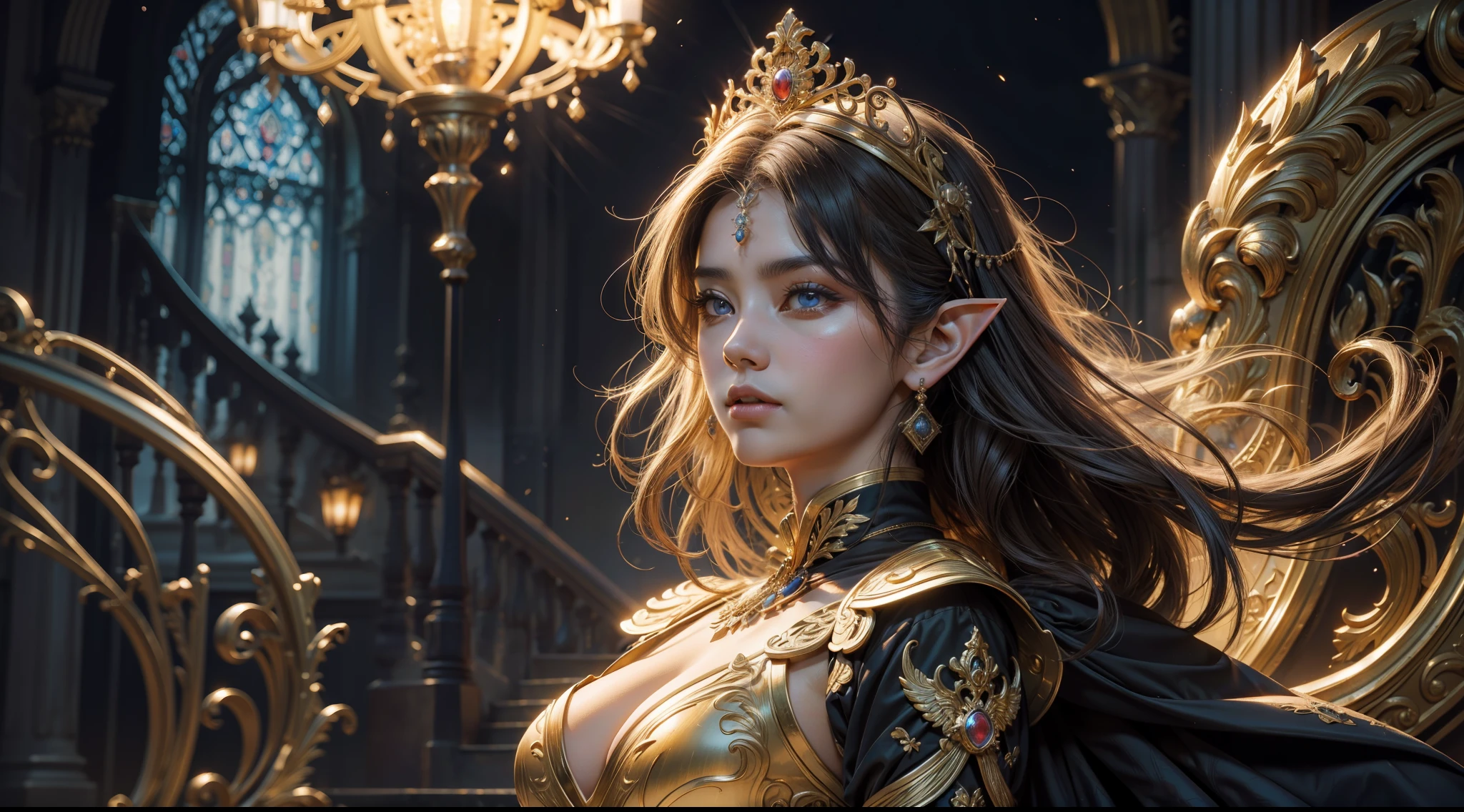 (tmasterpiece,top-quality,best qualityer,offcial art,Beauty and aesthetics:1.2),(tmasterpiece:1.3), (8k, realisticlying, RAW photos, best qualtiy: 1.4), beauitful face, (photorealiscic face), absurderes, Attractive, 超高分辨率, Ultra photo realsisim, highly detailed, the golden ratio, (Close portrait:1.3),(femele:1.4),(big breasts beautiful: 1.4),(carismatic:1.3),elf woman,magnificent robe,diadems,Complex patterns,Large breasts,Perfect Detailed Eyes,The background is the palace,Film filter, ,dramatics,dynamicposes,Fighting posture,illusory engine, (High detail: 1.9),mystic symbols,((Glowing scepter))