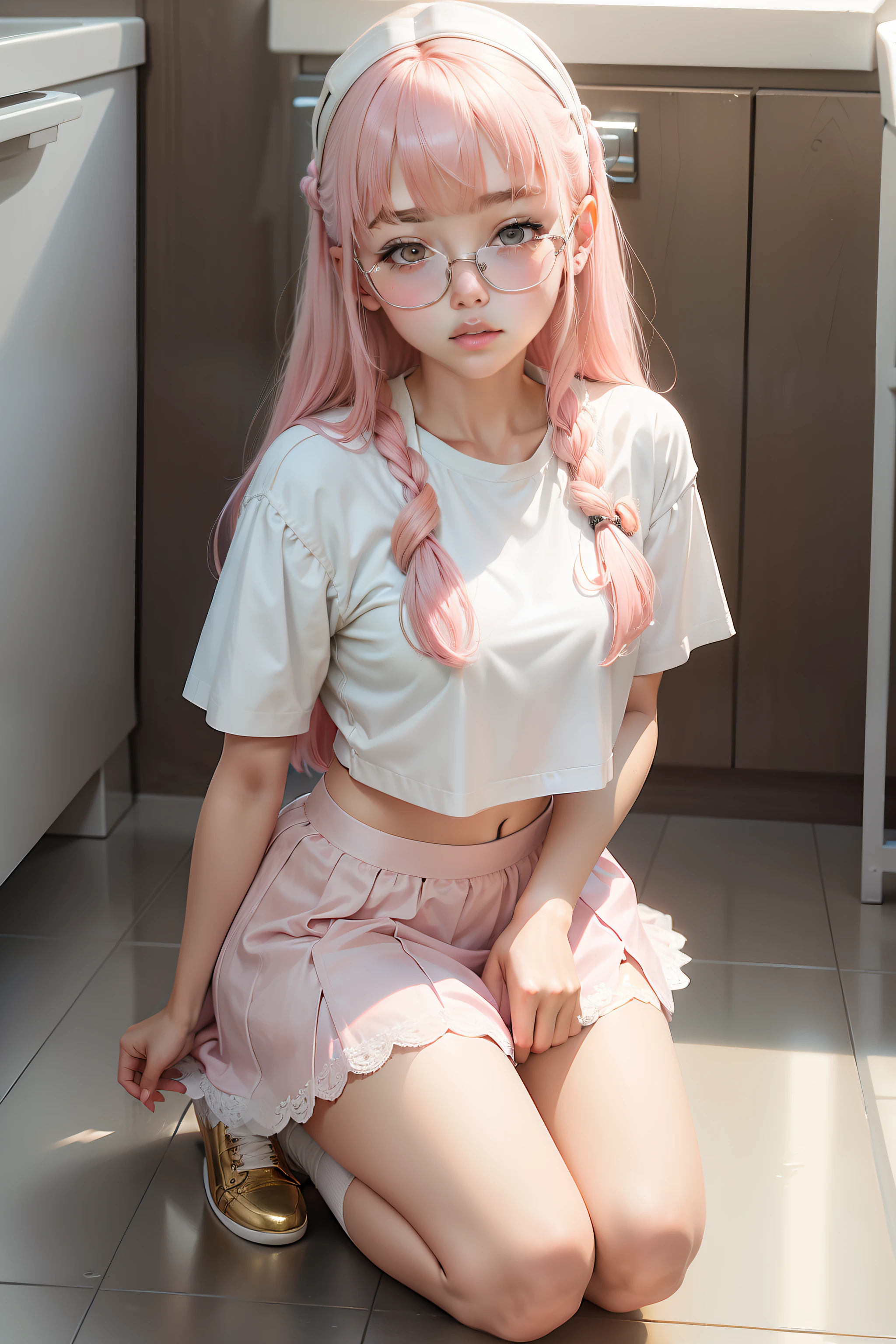 teens girl,Toilets,kneels on the ground,white shirt,Lace skirt,White lace panties,Gold-tone glasses,A pink-haired