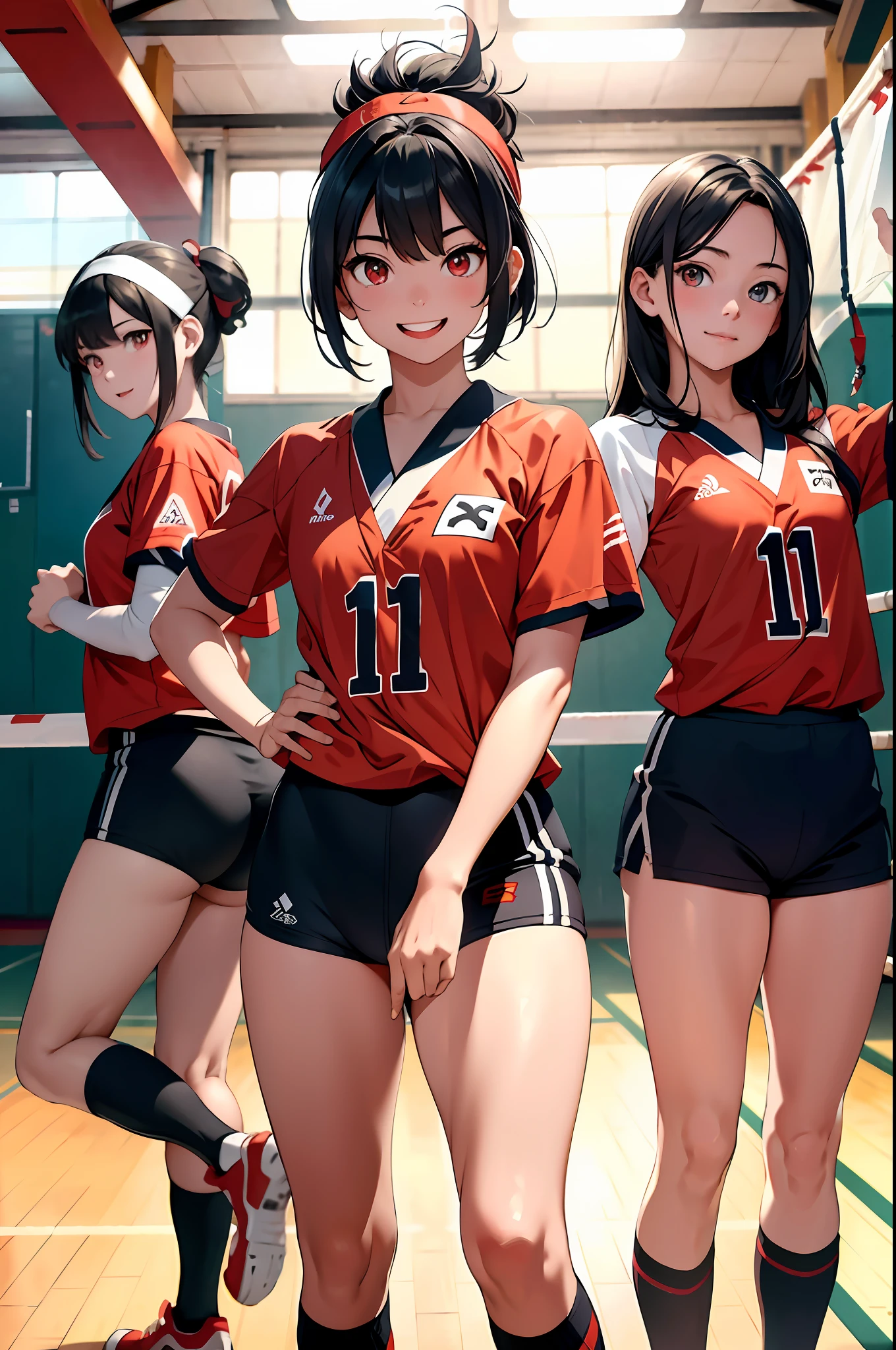 (top-quality、in 8K、32K、masterpiece、nffsw、超A high resolution、Impresionismo、Photorealsitic:1.2)、Full body, Inside the gymnasium、Volleyball Court、beauitful face、blurry backround、16-year-old beautiful girl、shinny skin、bob cuts、Beautiful black hair、Red Eyes、(Hachimaki:1.2)、Volleyball Uniforms、Curve、dynamicposes、Smile with open mouth、Two girls