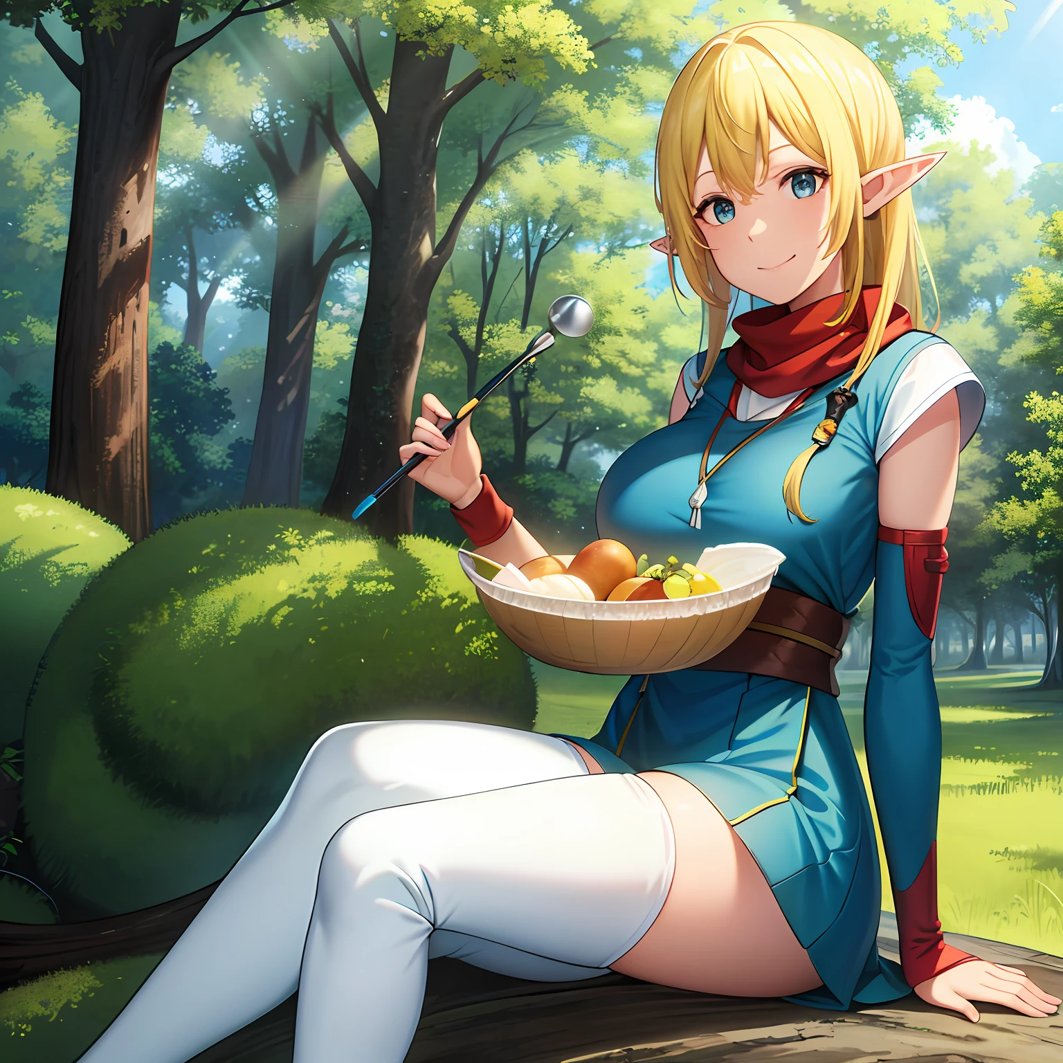 Best quality, (Masterpiece:1.2), Highly detailed, Nature, forest, tree, Sunlight, 1girll, Solo, Tuka Luna Marceau, view the viewer, Smile, Closed mouth, from angle, Sitting, Blue eyes, Blonde hair, Long hair, Floating hair, Pointy ears, thigh boots, Detached sleeves, Red dress, Light blue scarf, Green tights，huge tit