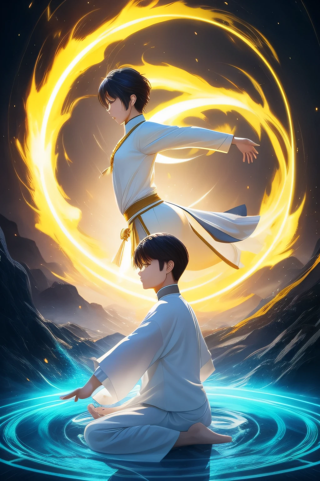 ​masterpiece、top-quality、Ultra detailed CG Unity 8K wallpaper、The best illustrations、hight resolution、Dynamic angles、Dynamic poses、male people、short-haired、Turn your face down、Prone posture、Qigong clothing、dim light、wide angles、aquarelle"、Qigong Poses、Put your left and right hands together in the center of your body、Pose to gather fluffy yellow energy qi with hands、Eyes close。