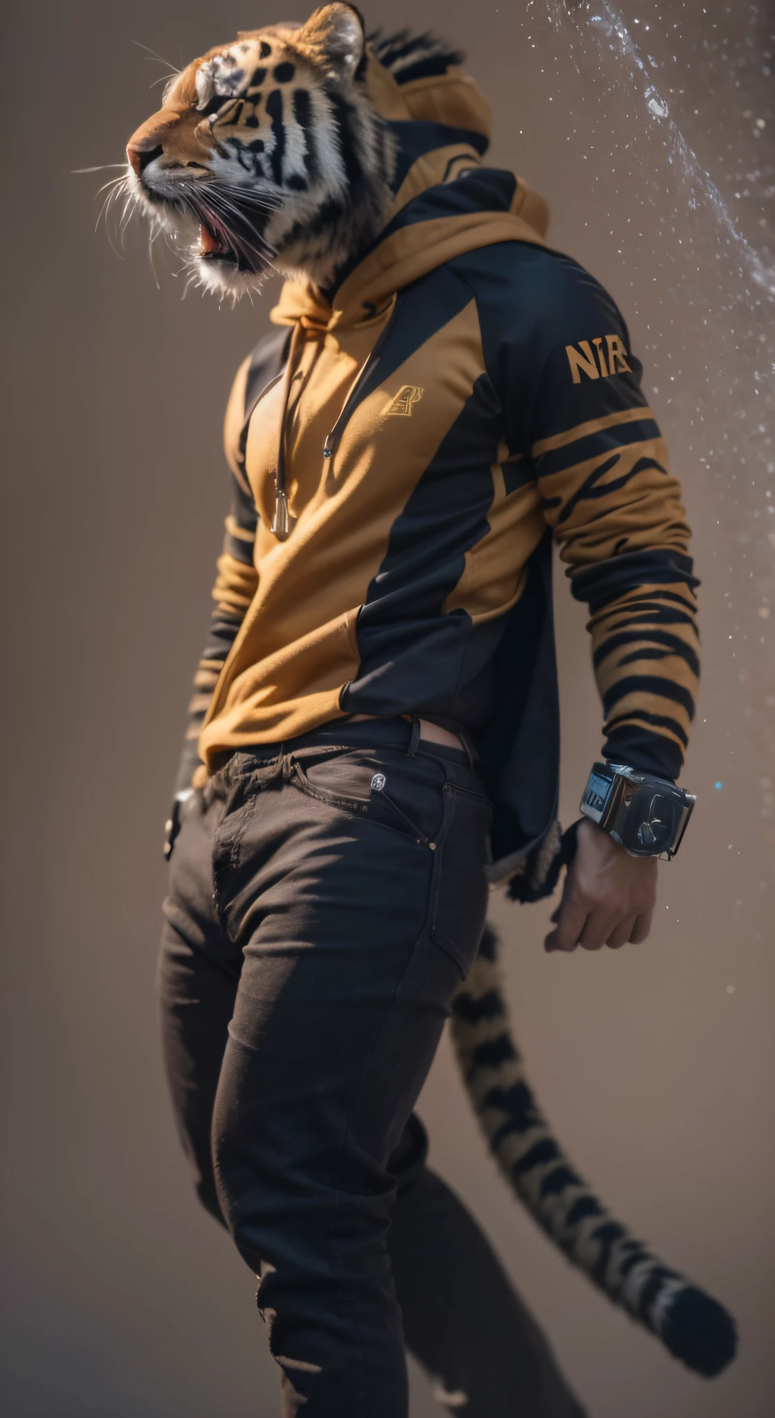 Canyon area，Tigger head，Linen cloak（tmasterpiece，k hd，hyper HD，16k，Tough guy）brunette color hair，，shadowboxing，Black and gold hoodie，Water gun in hand， best qualtiy， hyper HD， （realisticlying：1.4），， A high resolution， the detail， RAW photogr， Sharp Re， Nikon D850 Film Stock Photo by Jefferies Lee 4 Kodak Portra 400 Camera F1.6 shots, Rich colors, ultra-realistic vivid textures, Dramatic lighting, Unreal Engine Art Station Trend, cinestir 800，