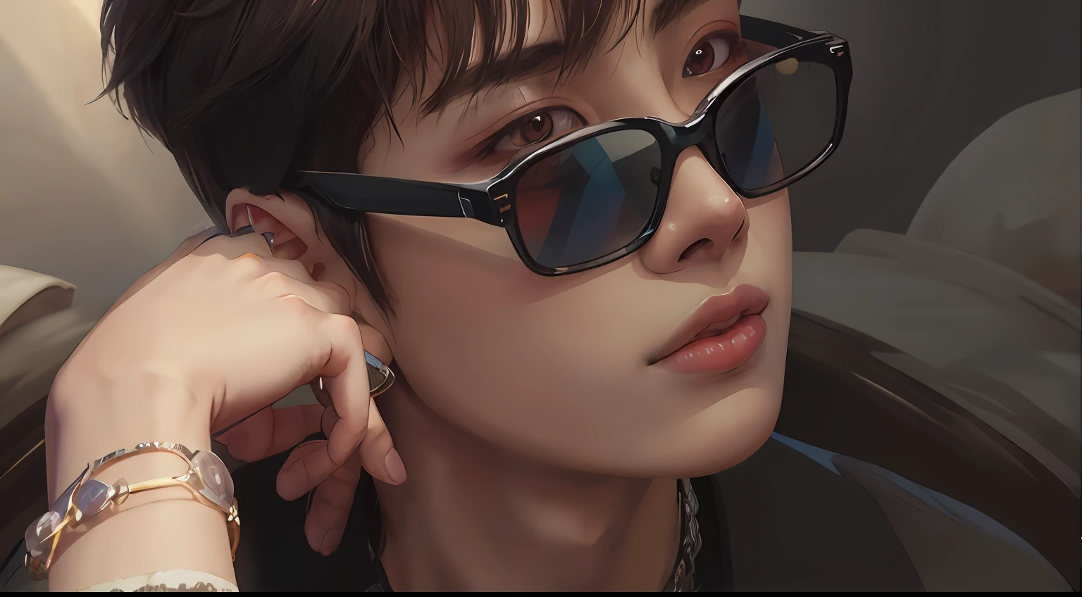 a closeup of a person wearing sunglasses and a black shirt, j hope ,Jimin, Jimin\Plump lips, Jung Jaehyun, Hong June Hyung, TaeJune Kim, Hyung Tae, Jimin\nariz grego, with sun glasses, Cai Xukun, Yoongi de cabelos pretos, Kim Doyoung, Marcos Lima, olhando heckin legal e elegante