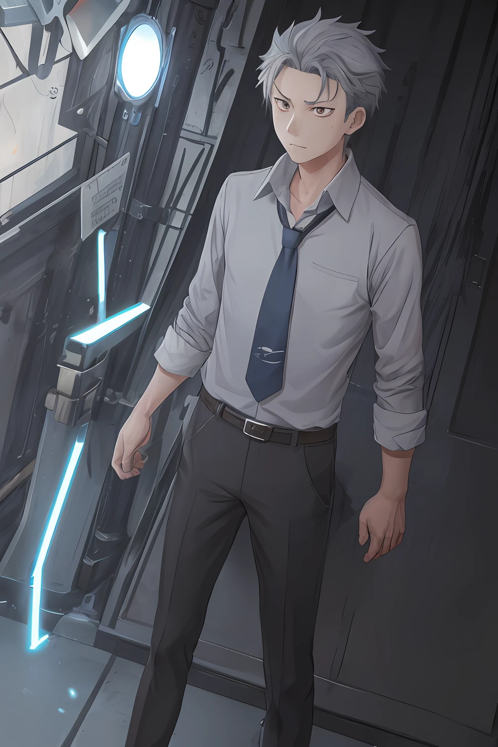 (1 male),
A high resolution,
Dedicated work,
"Pixiao" theme,
The is very detailed,
Natsuki Subaru style,
male character,
Image of laziness and exhaustion,
Full body screen,
Blue glowing eyes,
Short gray hair,
White color blouse,
The tie is knotted,
Wear a belt,
Sweating effect,
look from down。