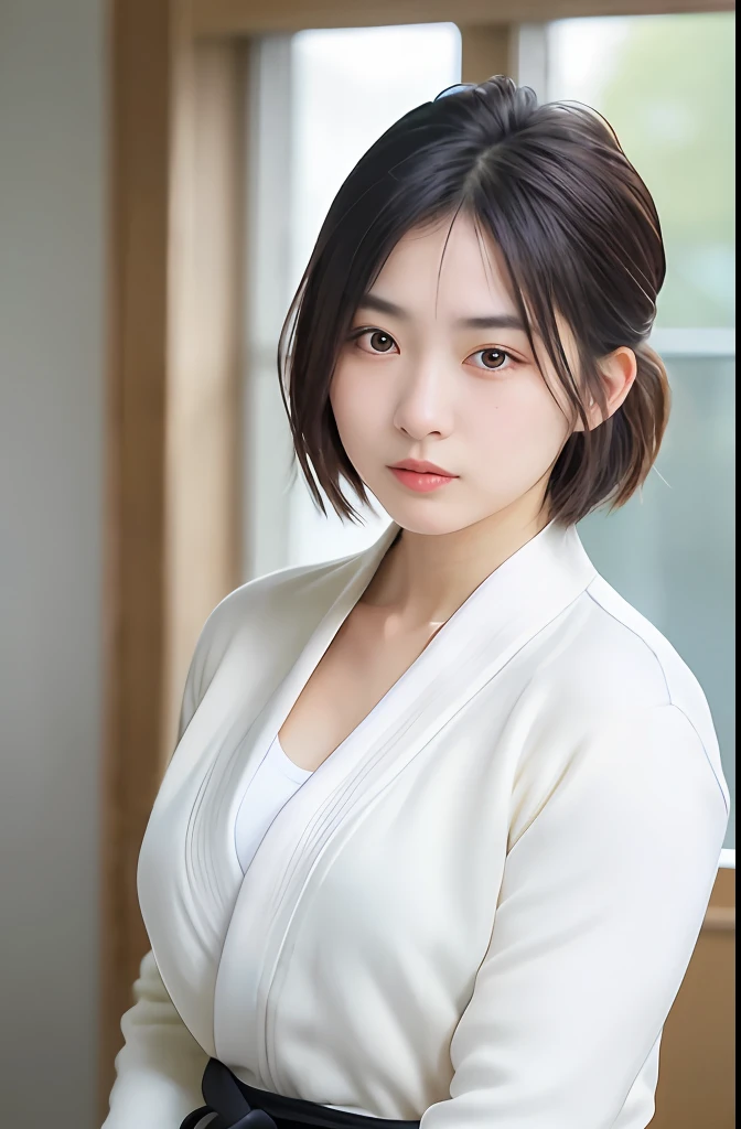 judo, Indoor judo hall,Green mat,Full body photo(photograph realistic:1.4), (Ultra photo realsisim:1.4), (realisticlying:1.3), (Smoother lighting:1.05), (increase cinematic lighting quality:0.9), 32K, 1girll,20岁女孩,realistic illumination,The light from the back window is backlighted,light in face,Ray traching,(Brighten light:1.2),(enchanced quality:1.4), (Best quality real textured skin:1.4),Fine Detailed Eyes,finerly detailed face,finely quality eyes, (Tiredness, sleepiness, satisfaction:0.0),closeup of face,White judo coat,Black karate belt, The chest is full and firm,Bigchest,exposing her chest,(Increased Body Line Mood:1.1),(Increases skin texture and beauty:1.1),