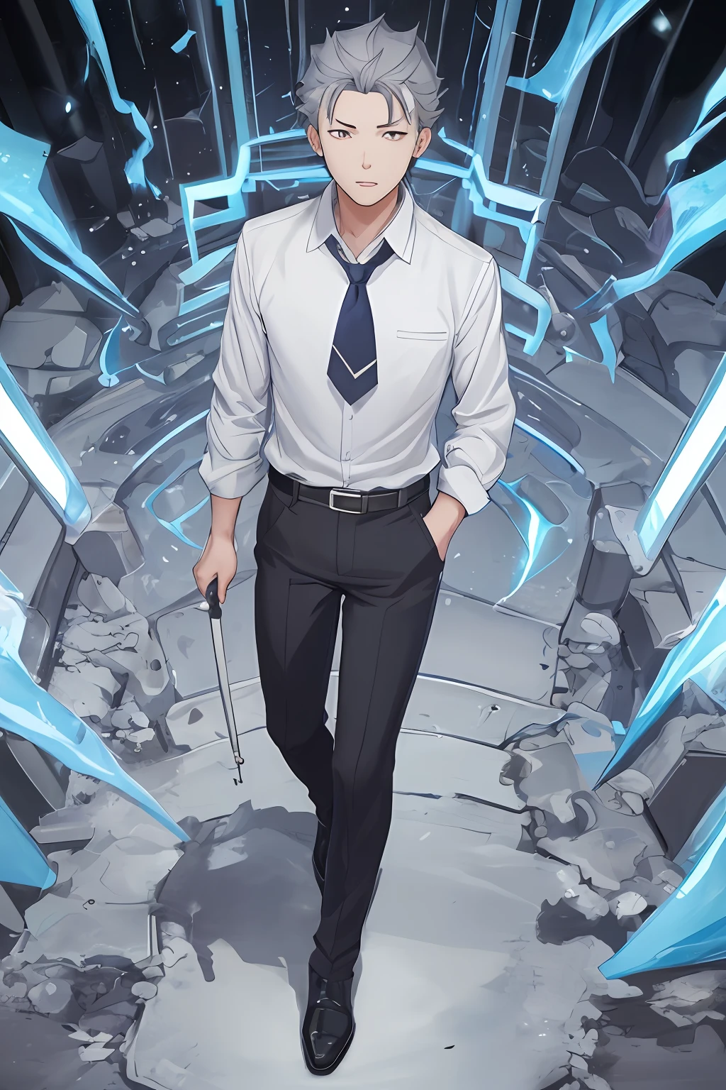 (1 male),
A high resolution,
Dedicated work,
"Pixiao" theme,
The is very detailed,
Natsuki Subaru style,
male character,
Image of laziness and exhaustion,
Full body screen,
Blue glowing eyes,
Short gray hair,
White color blouse,
The tie is knotted,
Wear a belt,
Sweating effect,
look from down。