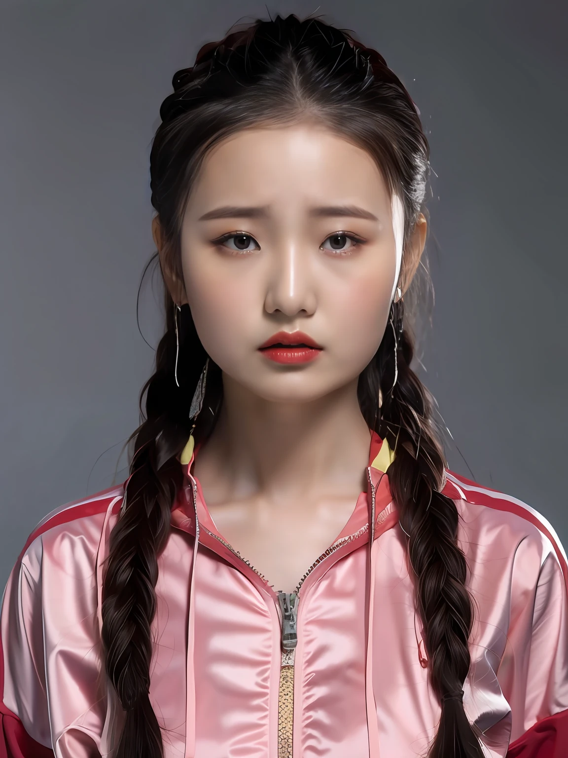 Chinese female high school student,PVC red tracksuit,solid color backdrop
