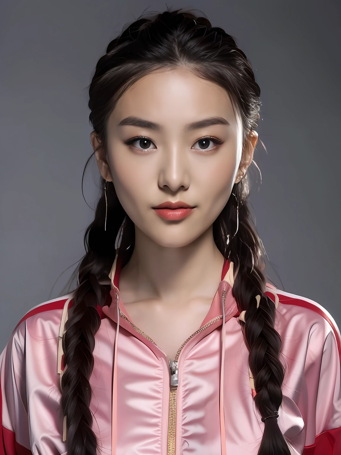 Chinese female high school student,PVC red tracksuit,solid color backdrop