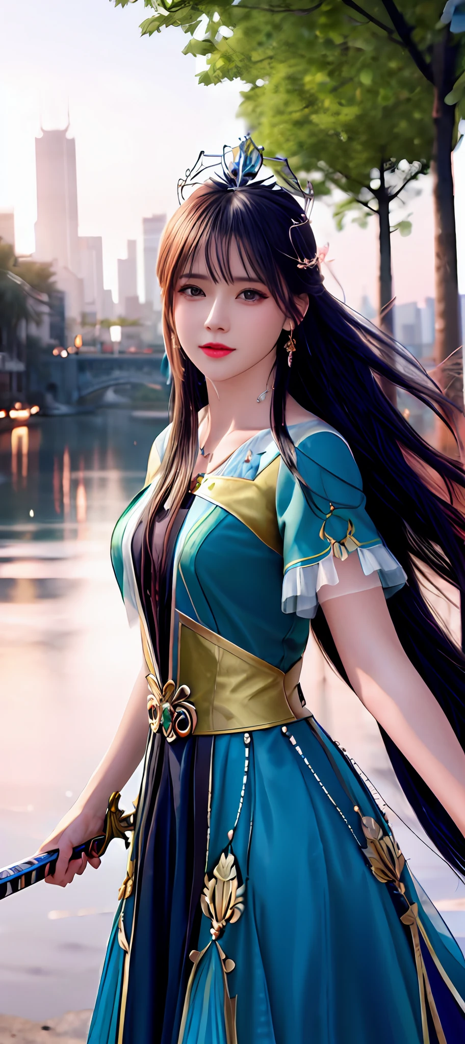 realisticity: 1.2), best quality, masterpiece, highres, super detail, ultra detail, cg, 1girl, weapon, sword, long hair, dress, water, solo, jewelry, yellow dress, wear a crown, earrings, hair ornament, splashing, upper body super realistis, hair bun, blue and pink hair, city backgraun super realistis and super detai, ultra detail, lighting,candid, Photograph, high resolution, 8k, 10k, Bokeh,