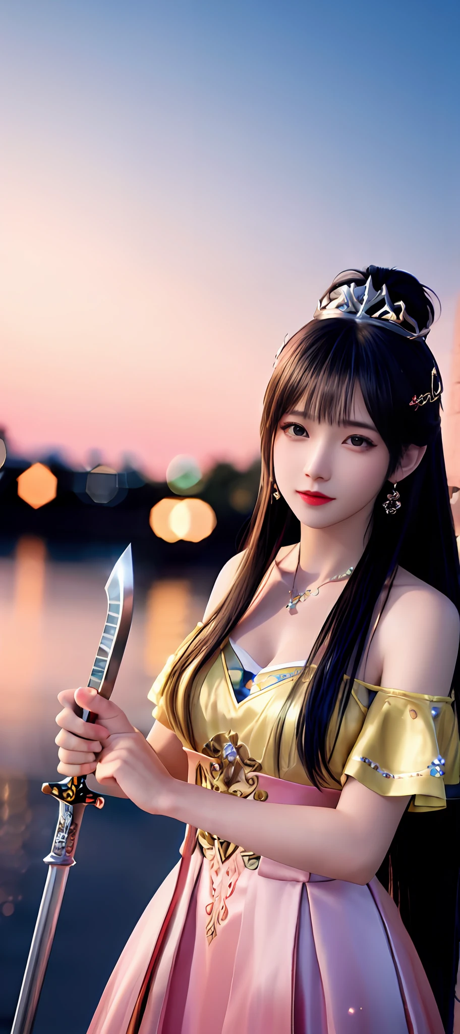 realisticity: 1.2), best quality, masterpiece, highres, super detail, ultra detail, cg, 1girl, weapon, sword, long hair, dress, water, solo, jewelry, yellow dress, wear a crown, earrings, hair ornament, splashing, upper body super realistis, hair bun, blue and pink hair, city backgraun super realistis and super detai, ultra detail, lighting,candid, Photograph, high resolution, 8k, 10k, Bokeh,