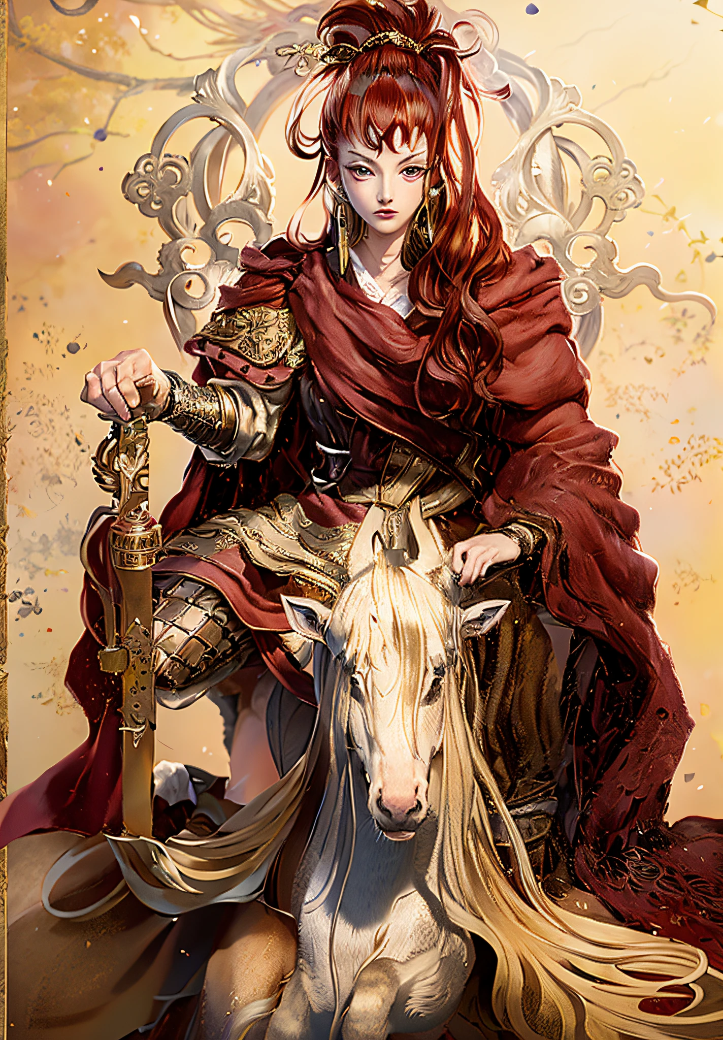 Painting of a woman riding a horse in a red cloak, full color drawing, inspired by Hirohiko Araki, anime in fantasy style, highly detailed exquisite fanart, Akira in Chinese mythology, high quality colorful sketch, line art in colour, color drawing, inspired in kris from deltarrune, inspired by Tsukioka Yoshitoshi, Boris Vallejo. Octopath Traveler