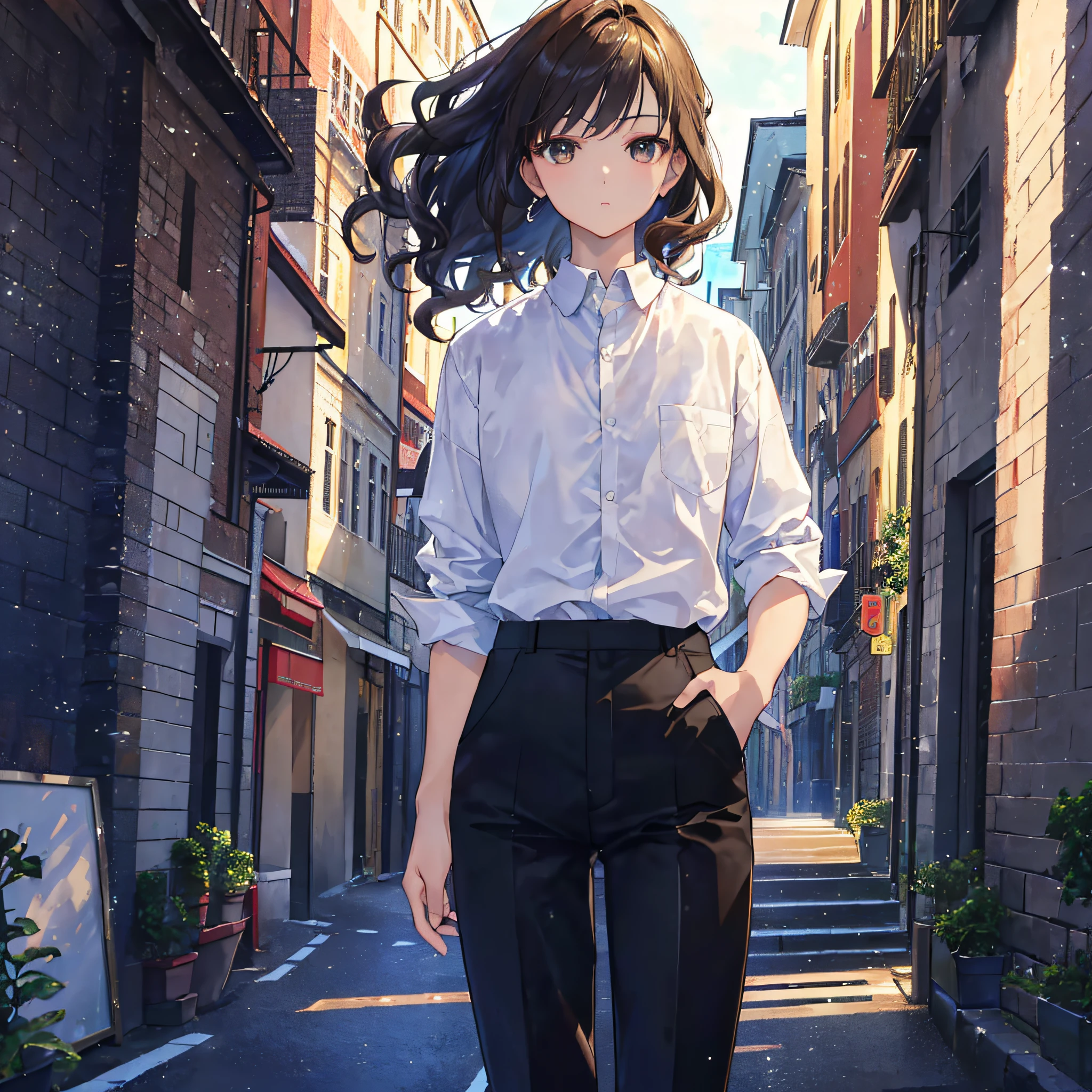 ((masterpiece、top-quality、ultra-definition、hight resolution))、独奏、a beauty girl、Brown-eyed、 student、White muscle、Hair Black Short Curls、White shirt and black pants、mansion、Keep your hands in your pants pockets、Chest does not move、Turn your back、profile、