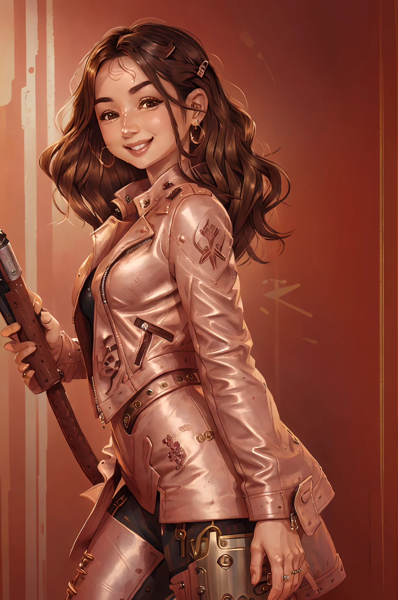 a Sorayama Style, metallic skin, beautiful wavy hair, ana de armas, 8k portrait of beautiful cyborg wearing leather jacket, smiling showing teeth, award winning, masterpiece, sorayama illustration, ornamental