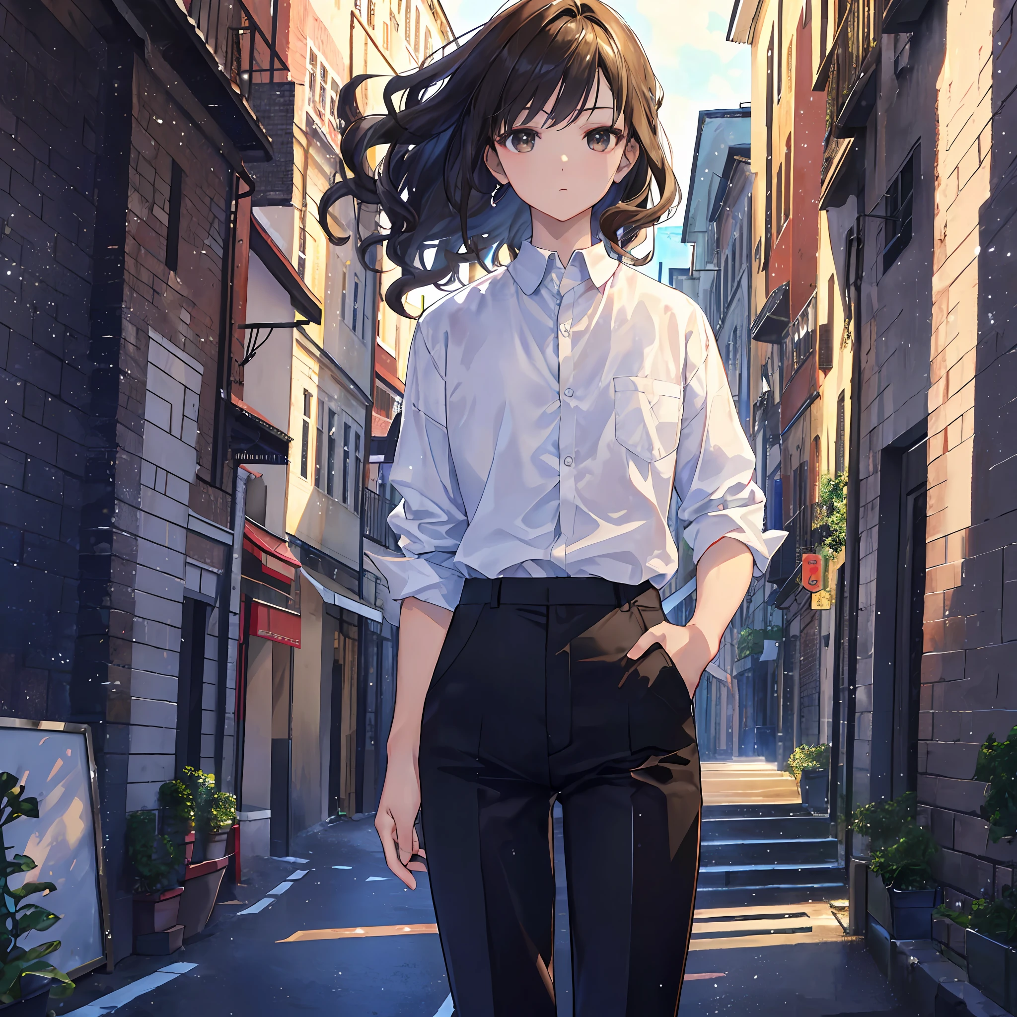 ((masterpiece、top-quality、ultra-definition、hight resolution))、独奏、a beauty girl、Brown-eyed、、White muscle、Hair Black Short Curls、White shirt and black pants、mansion、Keep your hands in your pants pockets、Chest does not move、Turn your back、profile、