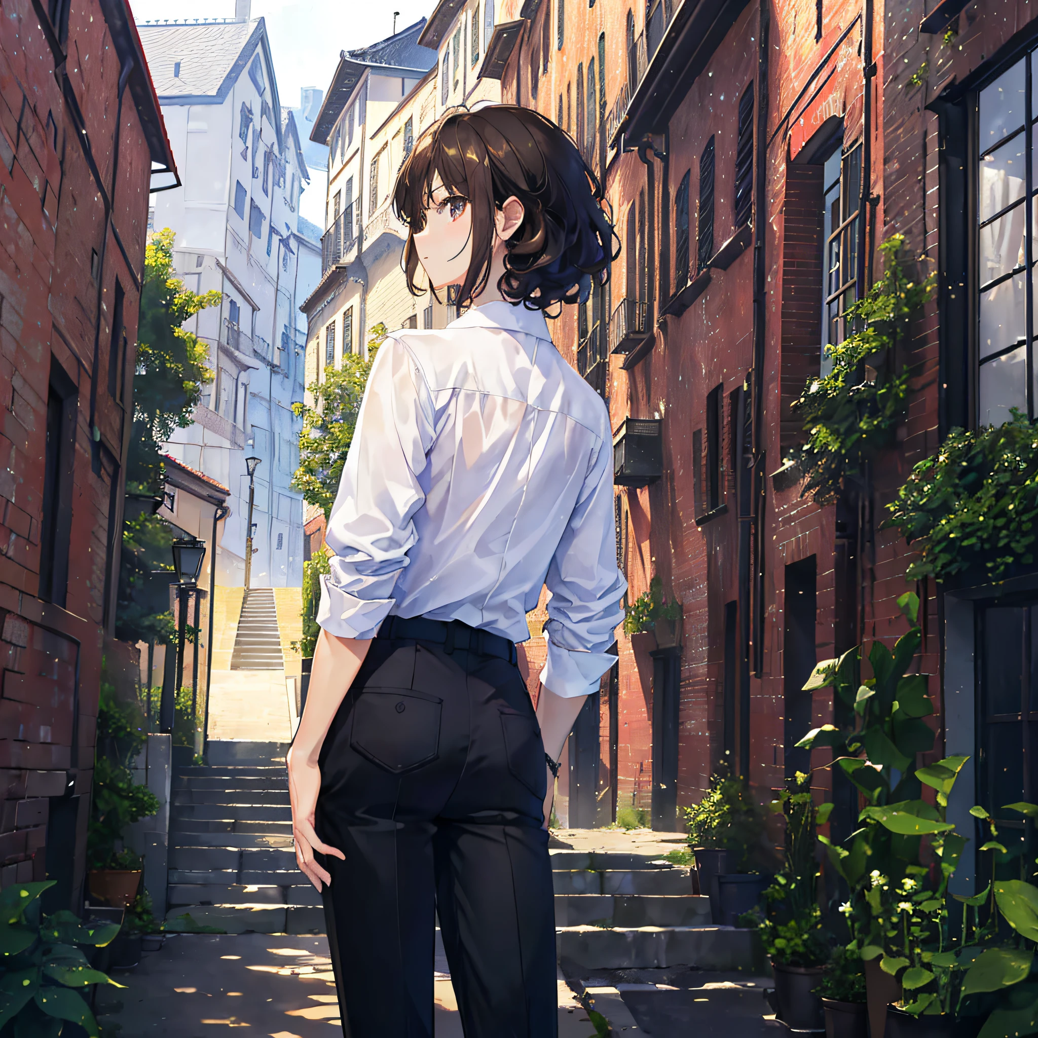 ((​masterpiece、top-quality、ultra-definition、hight resolution))、独奏、a beauty girl、Brown-eyed、15yo student、White muscle、Hair Black Short Curls、White shirt and black pants、mansion、Keep your hands in your pants pockets、Chest does not move、Turn your back、profile、