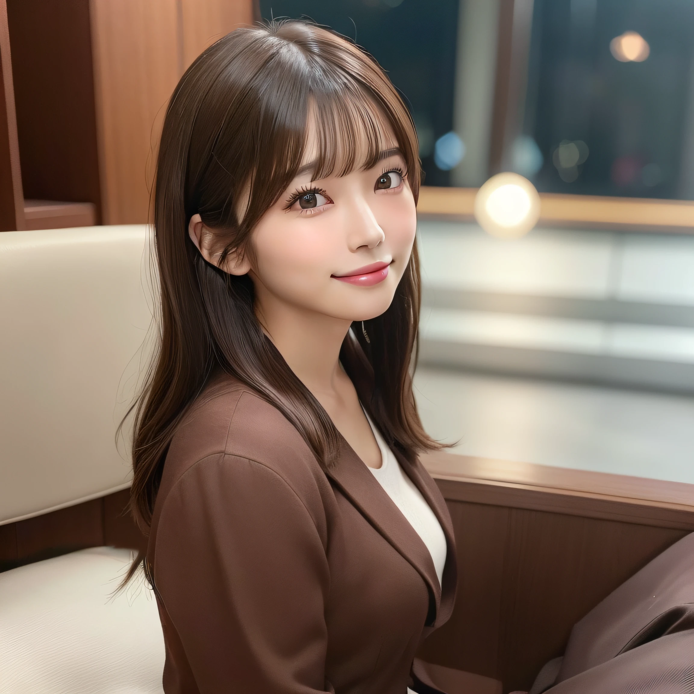 8k RAW photo,Best Quality, top-quality:1.1, masterpiece:1.3,超A high resolution, (Photorealistic:1.4), Raw photo, (upper thigh:1.5, From Side), natural skin textures:1.1, realistic eyes and face details:155, Full lips,(Background is blurry:1.4), (in a suite), 1日本人の女の子, Cute, (Solo:1.6), (Shy smile), (Dark brown eyes), Smooth skin, (Brown medium hair,Bangs), (touch hair:1.4),nogizaka,s Office,Business suits、full bodyesbian、poneyTail、Sit on the sofa