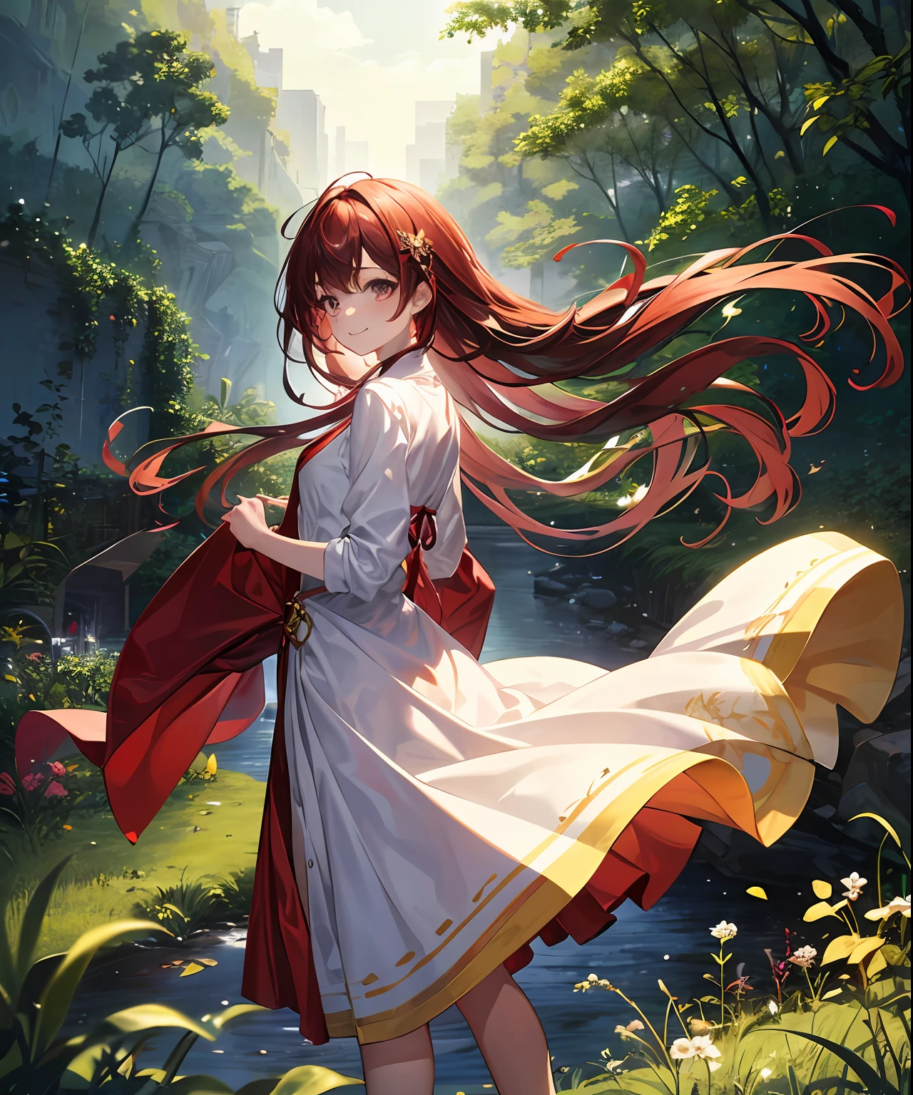 (​masterpiece、top-quality)、frontage、独奏、1girl in、lightly dressed、is standing、Hands folded behind your back、amidst nature、A smile、The long-haired、reddish-golden hair、Hair flutters in the wind、with light glowing、Windy