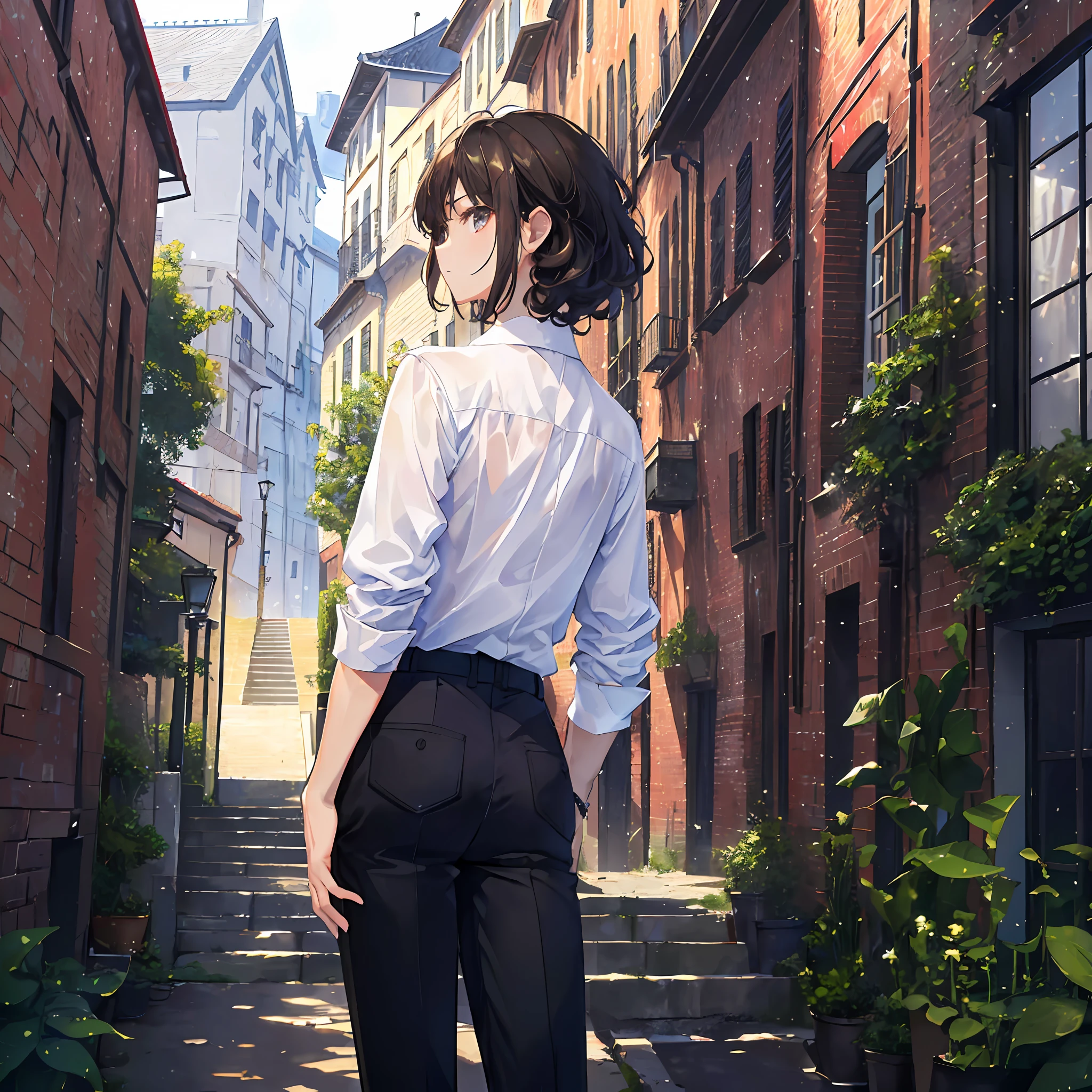 ((​masterpiece、top-quality、ultra-definition、hight resolution))、独奏、a beauty girl、Brown-eyed、15yo student、White muscle、Hair Black Short Curls、White shirt and black pants、mansion、Keep your hands in your pants pockets、Chest does not move、Turn your back、profile、
