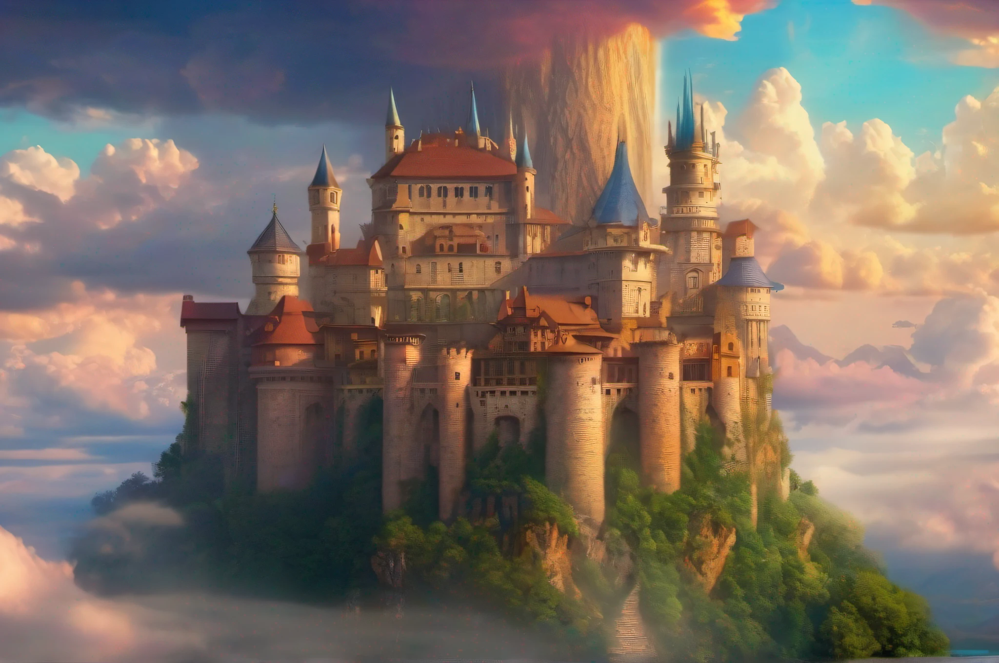 "Castle in the Sky", majestic fortress, floating in the clouds, breathtaking, vibrant colors, atmospheric lighting, detailed architecture, mythical and enchanting, epic landscape, fantasy world.