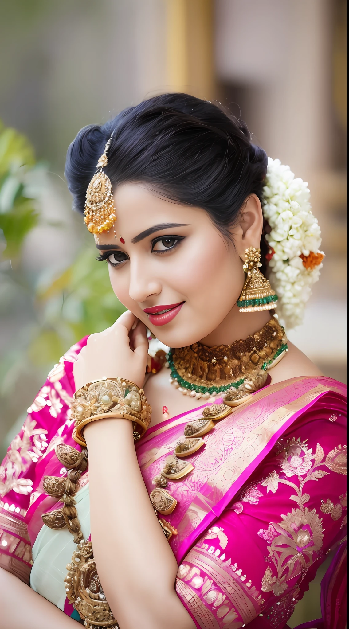 a woman in a red and yellow sari poses for a picture, traditional beauty, traditional, traditional female hairstyles, very beautiful enga style, traditional makeup, with lovely look, indian, indian style, dressed in a sari, wearing sari, adorned with precious stones, colorful with red hues, wearing a sari, gorgeous woman, dramatic smile pose intricate, traditional art, wearing elegant jewellery