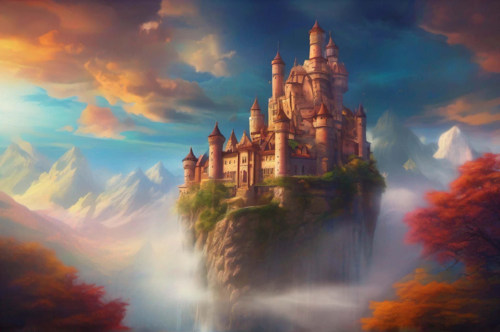 "Castle in the Sky", majestic fortress, floating in the clouds, breathtaking, vibrant colors, atmospheric lighting, detailed architecture, mythical and enchanting, epic landscape, fantasy world.