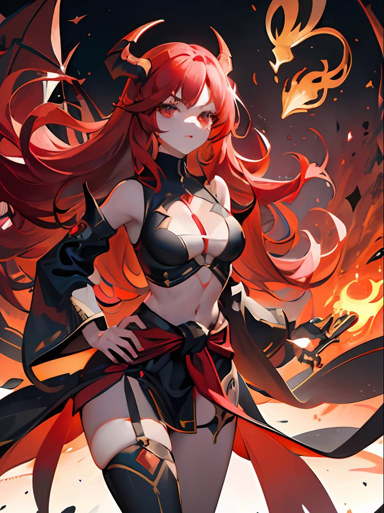 Futuristic Vtuber model concept design of a red wavy-haired woman with one golden eye with her (((torso floating above her waist like it’s been chopped in half))) has demon horns and tail with the end shaped like a fork, futuristic demon wings that disconnect from her body, fancy and detailed clothes