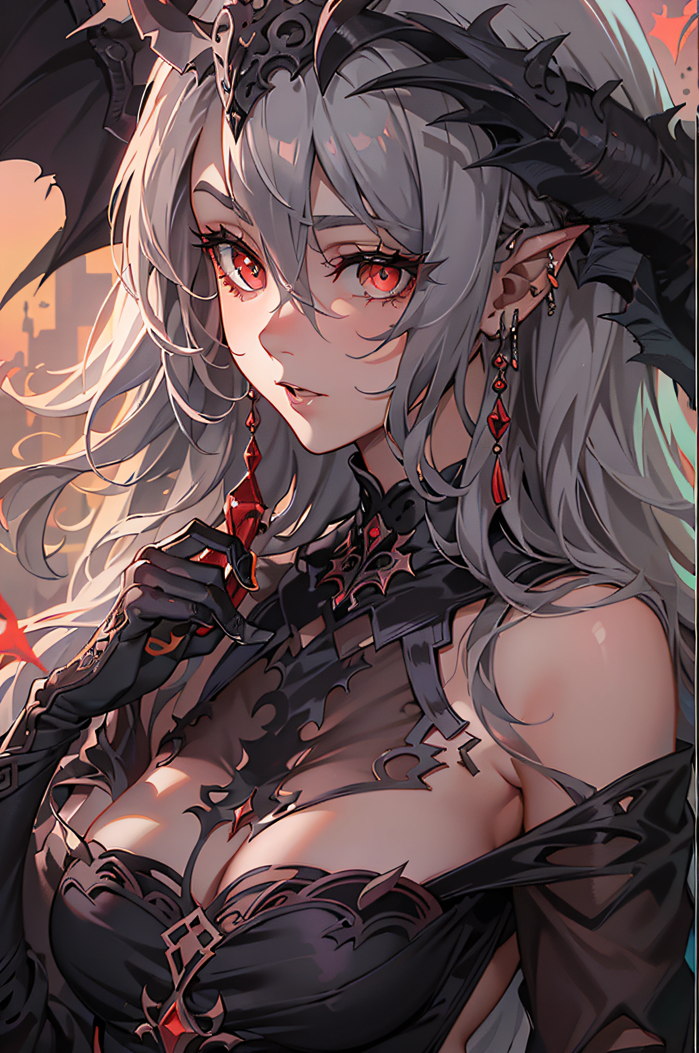 dola \(nijisanji\),dragon girl, nijilorahorn, masterpiece, melhor qualidade, evil, (((1girl))), 2chifres, (((2sharp thin horns))), (((2horns))), olhos vermelhos, pointy_ears, (((cabelo branco))), (cabelo curto 1.0), (((cabelo na altura do ombro))), cabelo liso, pele branca, (pale skin 1.4), torn clothes, simples vestido comprido negro rasgado cobrindo o corpo inteiro, simples vestido comprido negro rasgado entre as pernas, simple long black torn dress covering neck, simples vestido comprido negro rasgado cobrindo o torso, Covered neck, seios cobertos, clothing covering the arms, roupa cobrindo as pernas, dragon tailed, cauda, Bottom-up view, olhando para o espectador, dinamic pose, ((((corpo inteiro))), full-body vision, Front view, (best ilumination, Muito Delicado e Belo), (best ilumination, muito delicada e bonita), (belo rosto detalhado), (olhos detalhados e rosto detalhado:1.2), dark fantasy, gothic style, fundo completamente escuro, (darkeness:1.2), fundo mostrando um castelo bonito, (castelo com detalhes intricados), lua vermelha a cima, lua detalhada, lua iluminada com detalhes intricados, (ganhar castelo de vampiro no fundo), (lua vermelha, red skies),