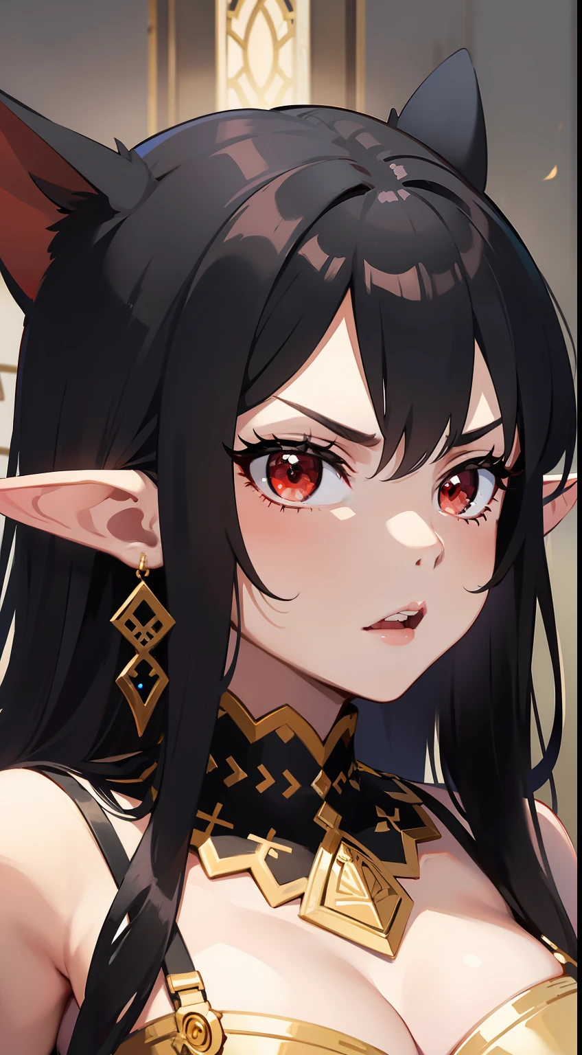 Young black girl, Long black hair, elf ears, red-eyes, golden jewelery, anger, Masterpiece, hiquality