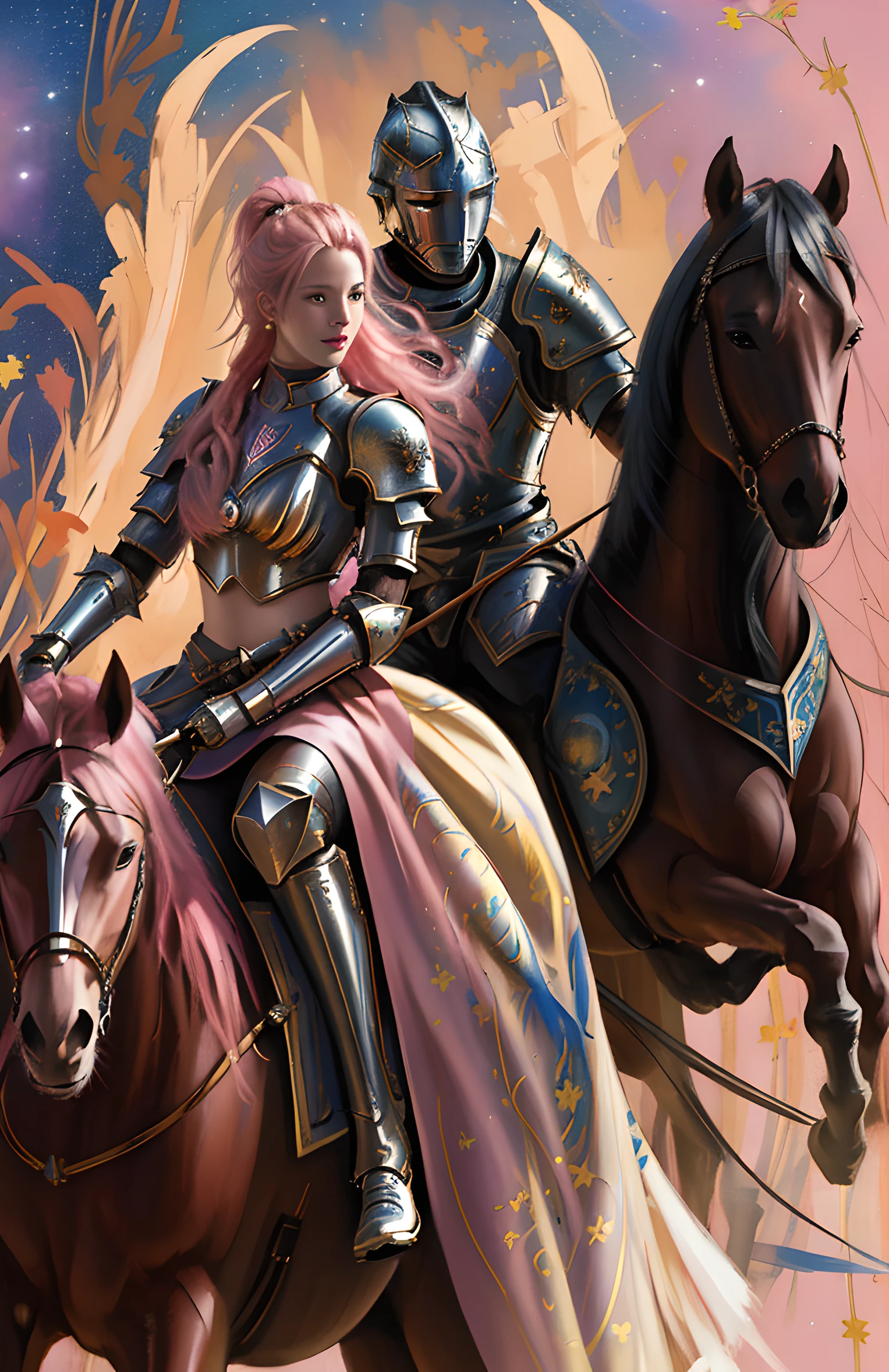 (((fantastic paintings))), Exquisite and delicate, Golden Armor Knight, ride horse, Cynthia Shepard laughed, Pink hair,longponytail, A princess, beautiful female knight, Strong male knight,Magali Villeneuve style, Ivan Talavera and the budding art style, Starry sky decoration, Floral decoration, On-site renovation, Magnificent, Cosmic starry sky style, Tano